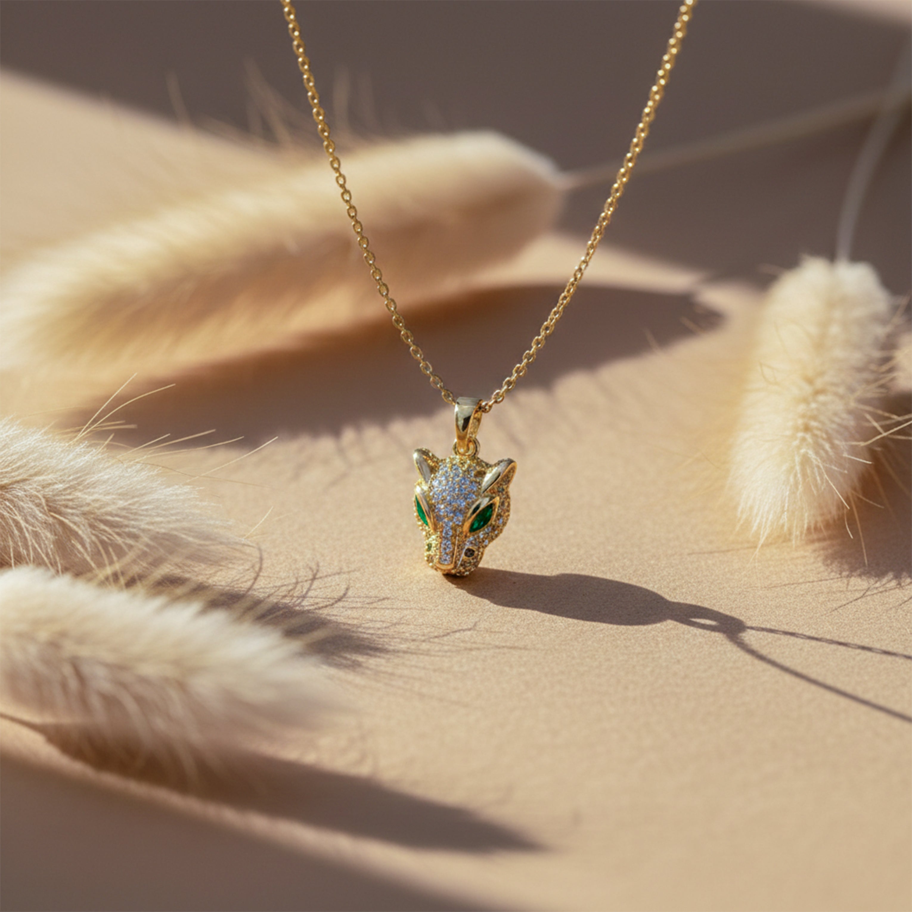 Gold Panther Head with Green Eyes Necklace for women - Finora Jewels