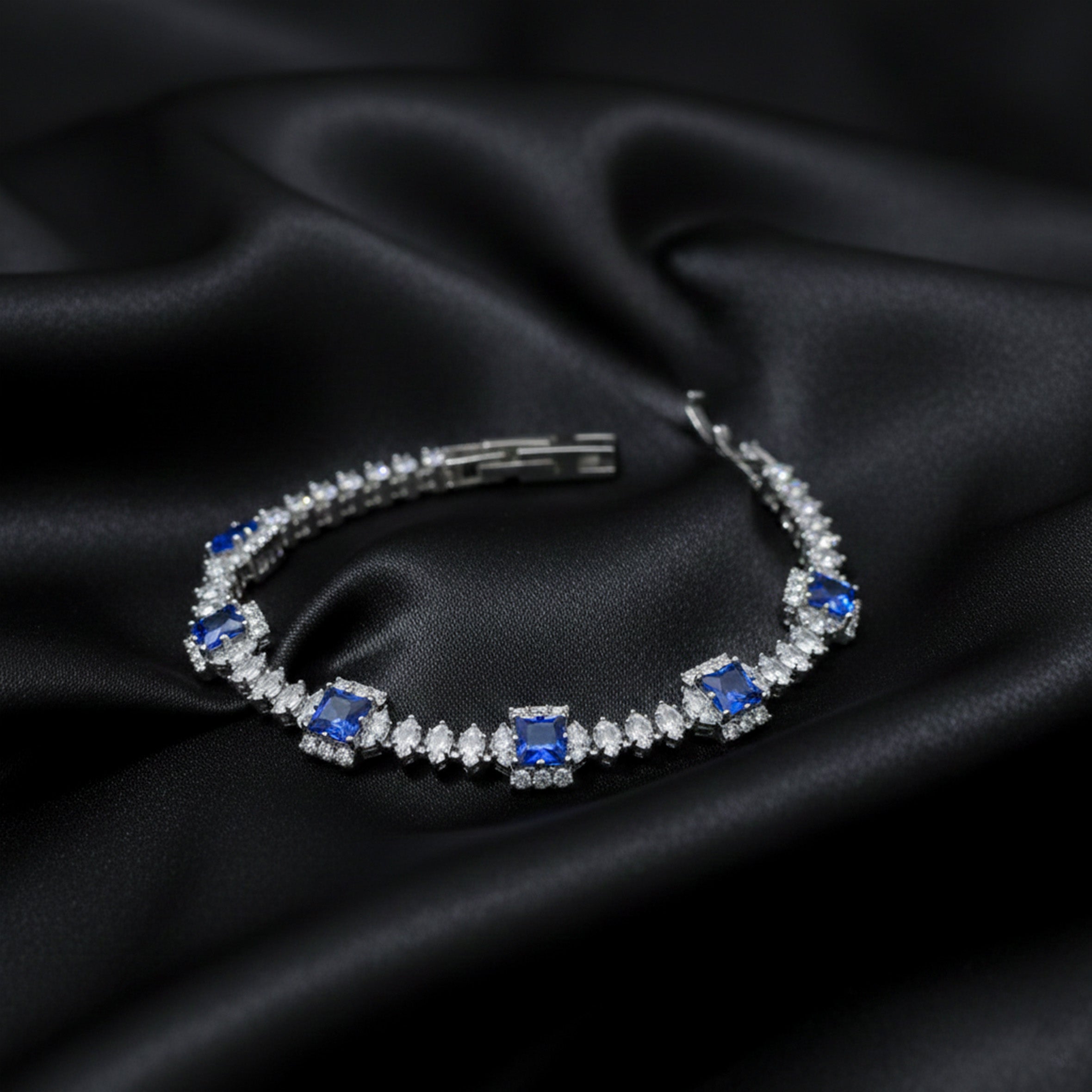 Women Bracelet Blue Princess Halo Tennis Silver jewellery - Finora Jewels