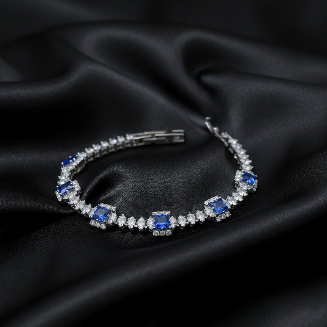 Women Bracelet Blue Princess Halo Tennis Silver jewellery - Finora Jewels