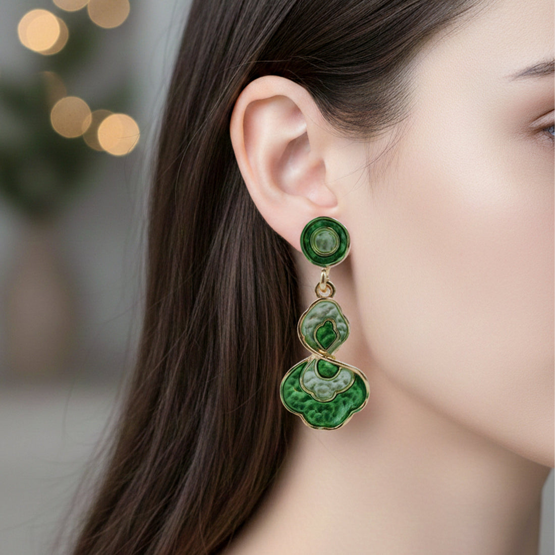 Women Drop Earrings Green Enamel Gold jewellery - Finora Jewels