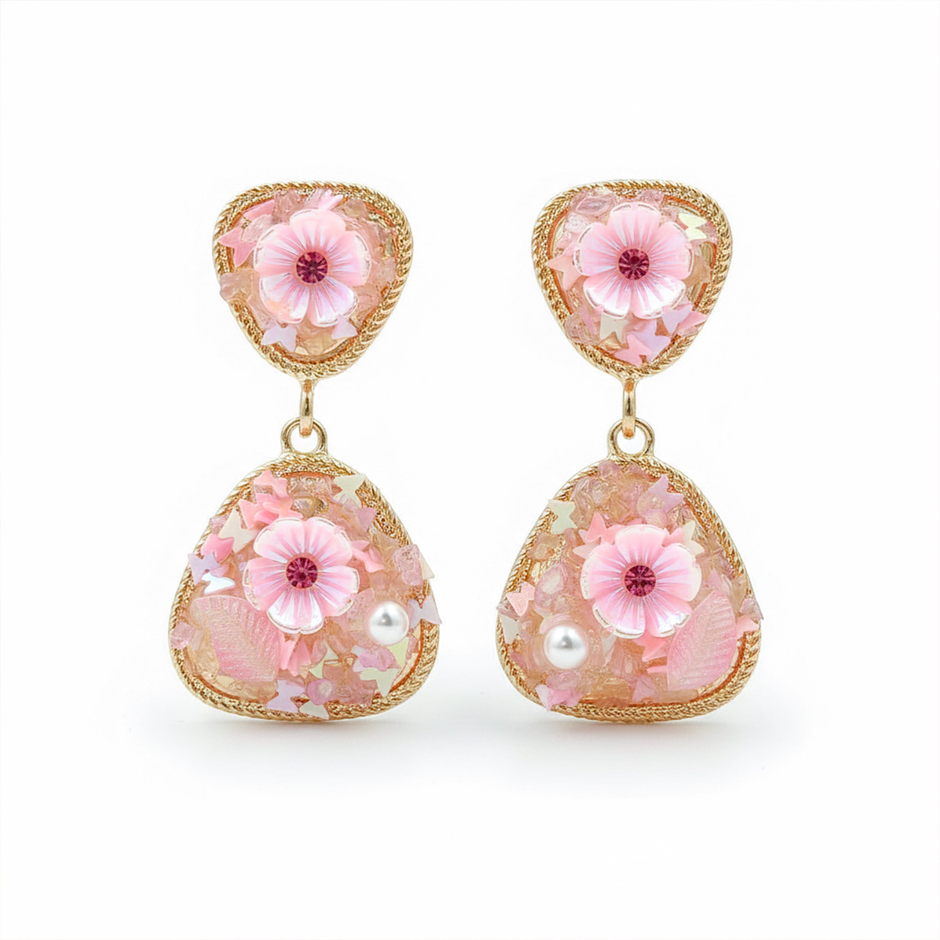Pink Floral Stone Stud Earrings for women in Gold - Finora Jewels