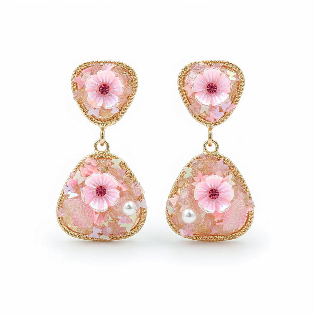 Pink Floral Stone Stud Earrings for women in Gold - Finora Jewels