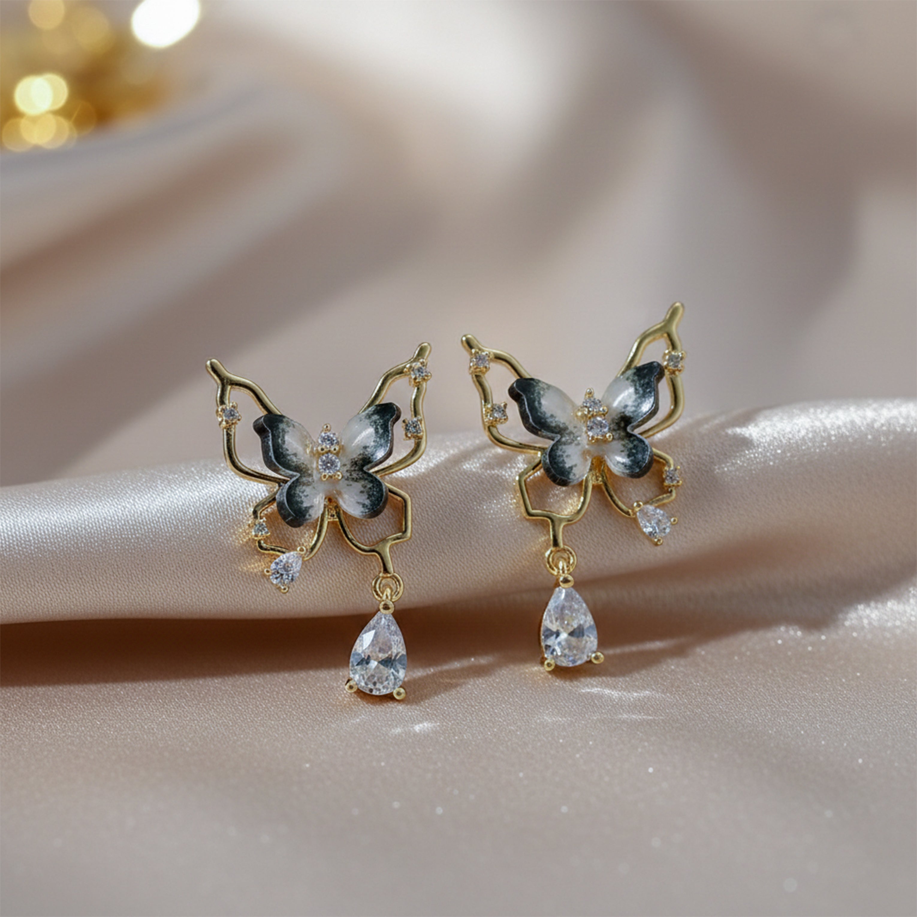 Gold Butterfly Crystal Drop Stud Earrings for women - Finora Jewels