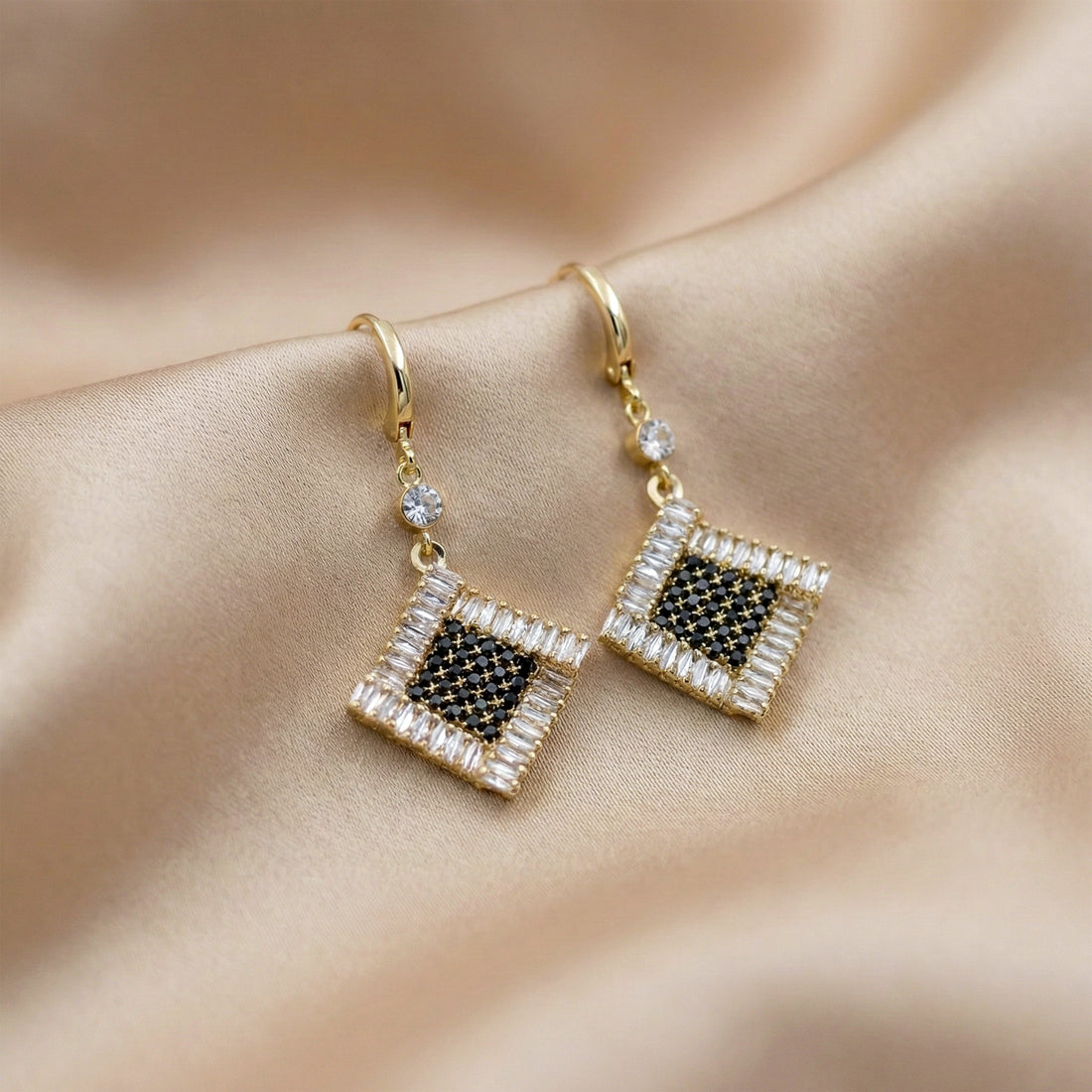 Women Drop Earrings Black & White Crystal Square Drop Gold jewellery - Finora Jewels