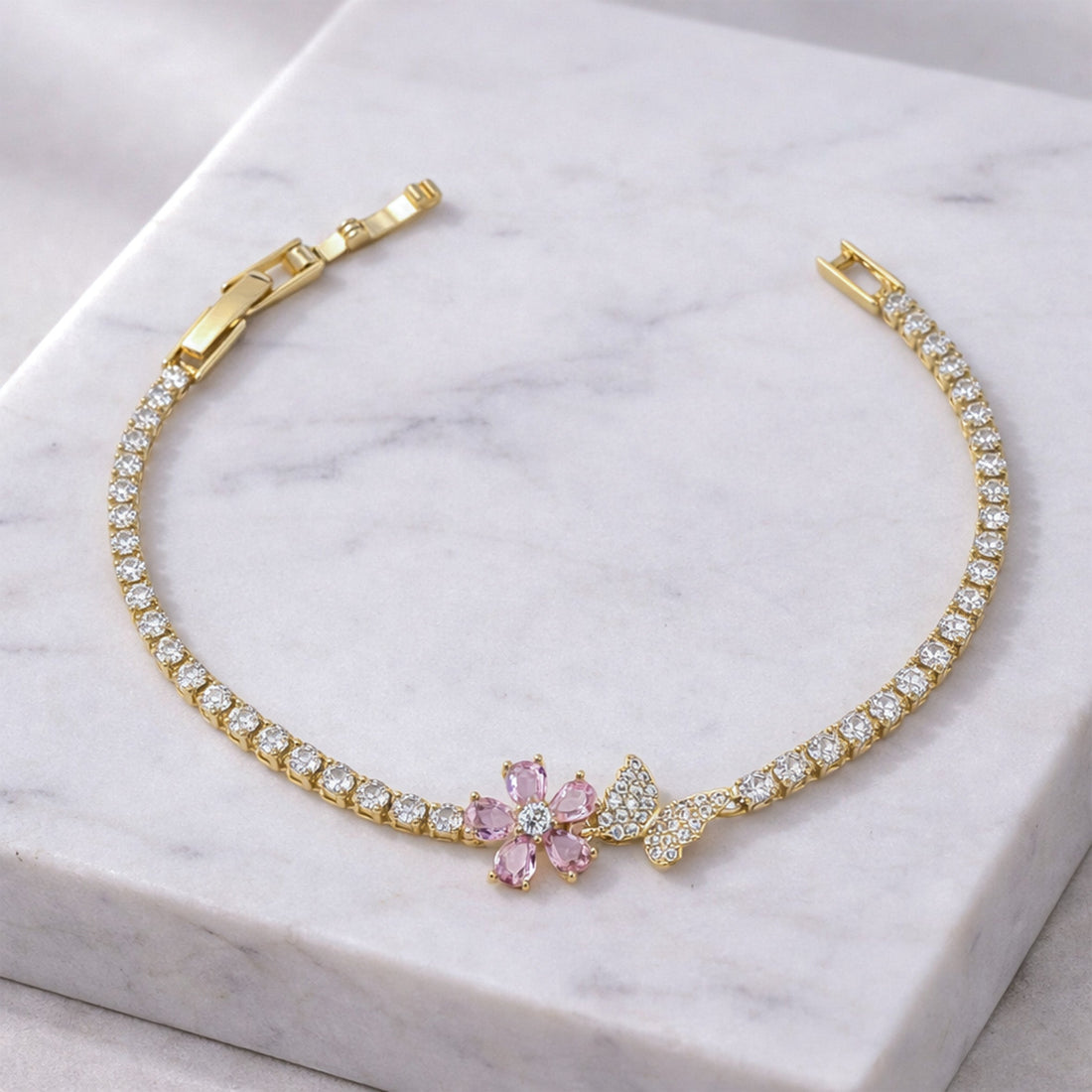 Gold Pink Blossom Butterfly Tennis Bracelet for women - Finora Jewels