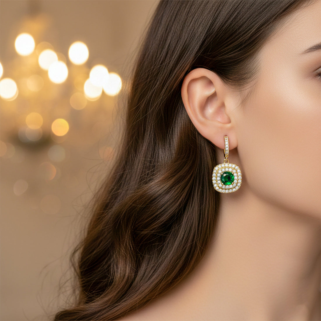 Verde Jade Cubic Zirconia Dangle Ear Studs GWE -134