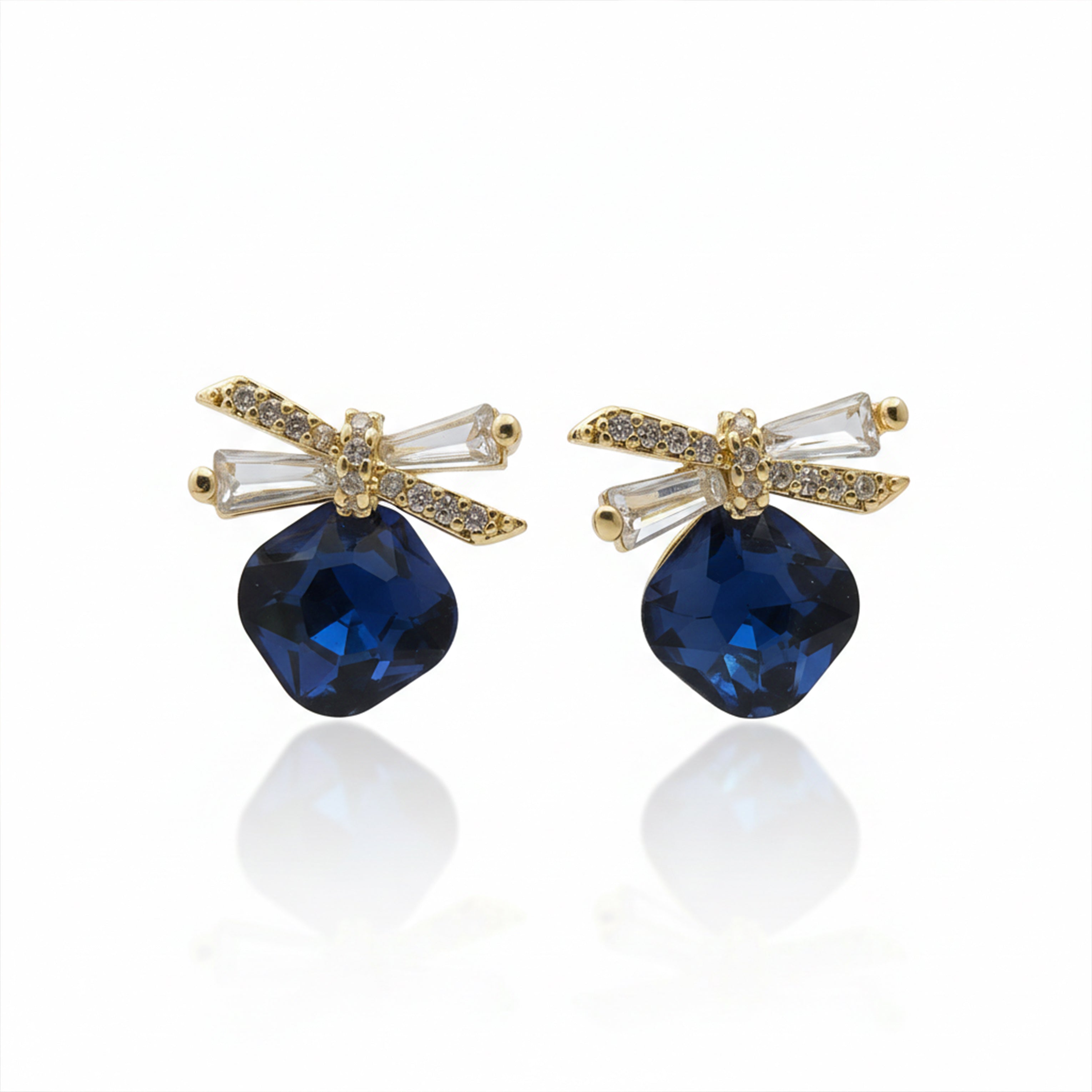 Gold Royal Blue Crystal Bow Stud Stud Earrings for women - Finora Jewels