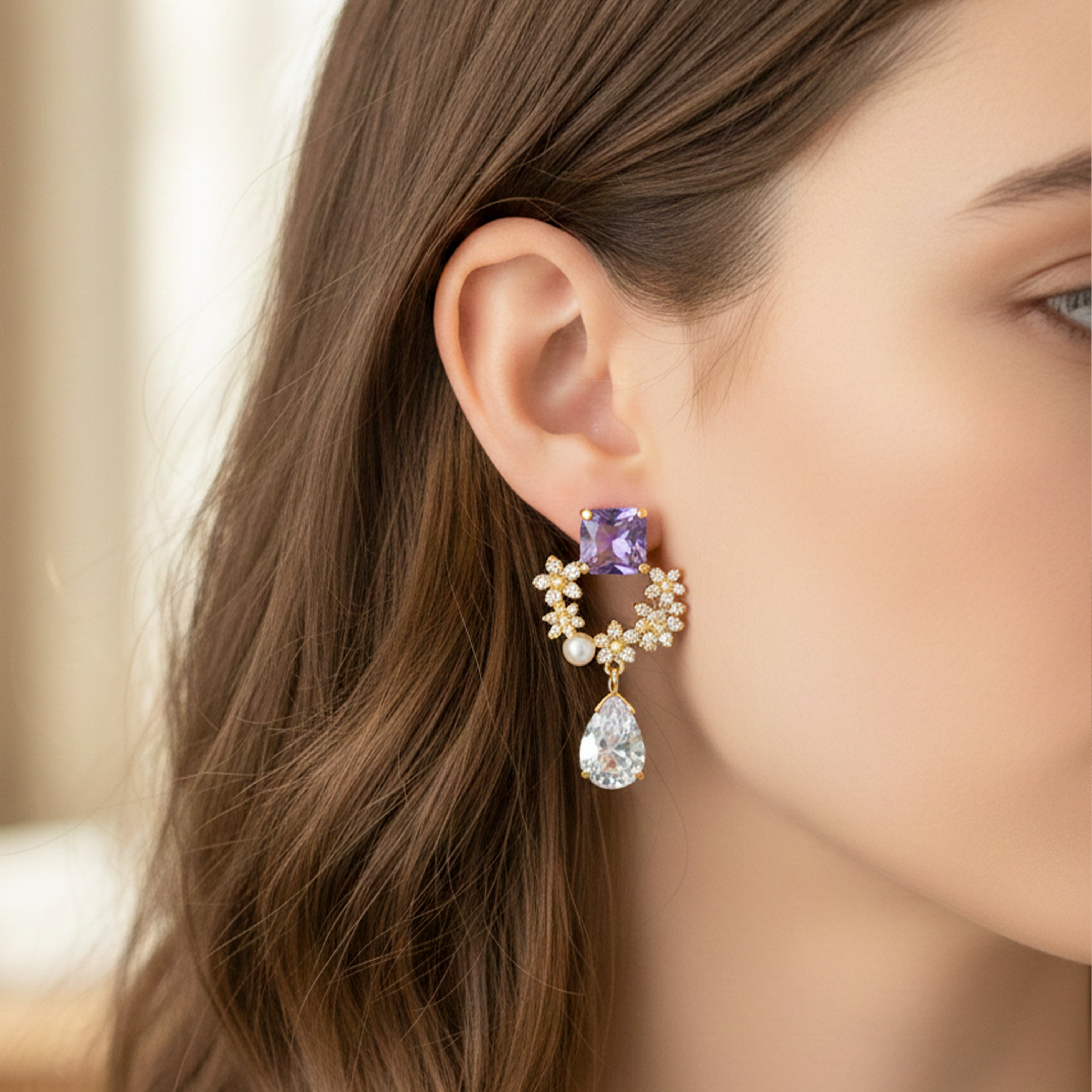 Assorted-Stone Bloom Gold Dangle Ear Studs GWE -168