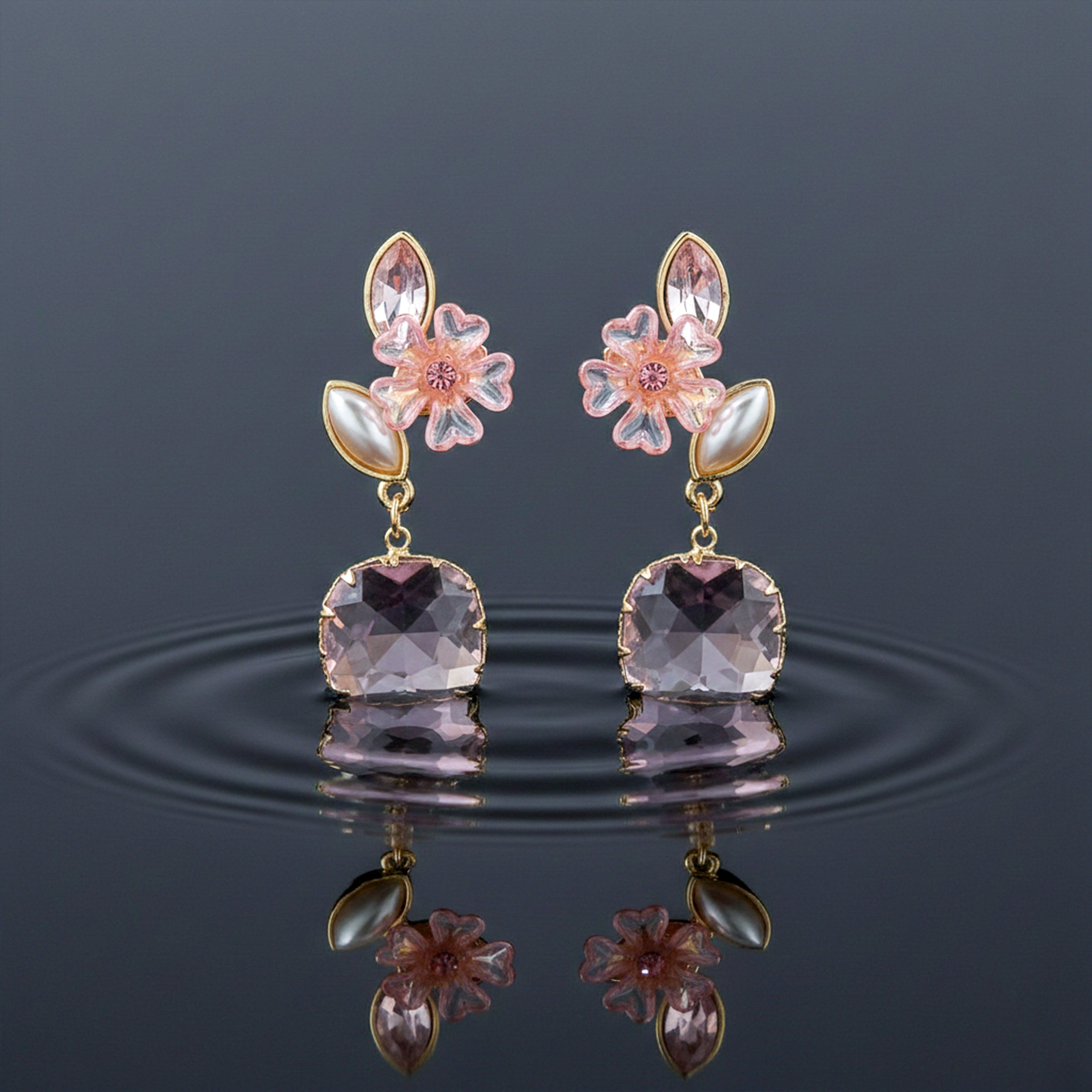 Blush Floral Crystal Drop Earrings for women in Gold - Finora Jewels