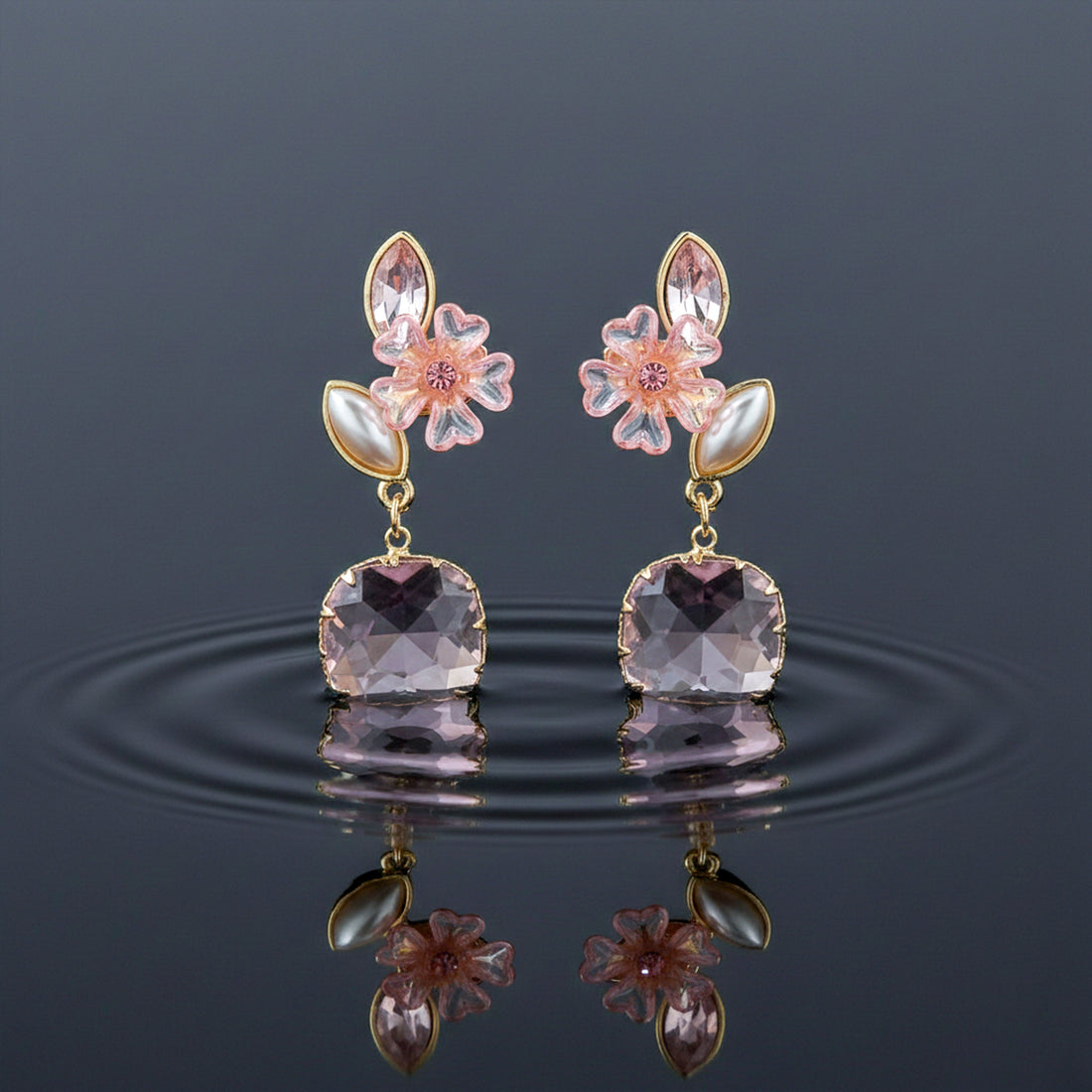 Blush Floral Crystal Drop Earrings for women in Gold - Finora Jewels
