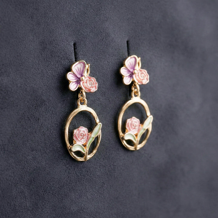 Butterfly and Rose Floral Drop Earrings