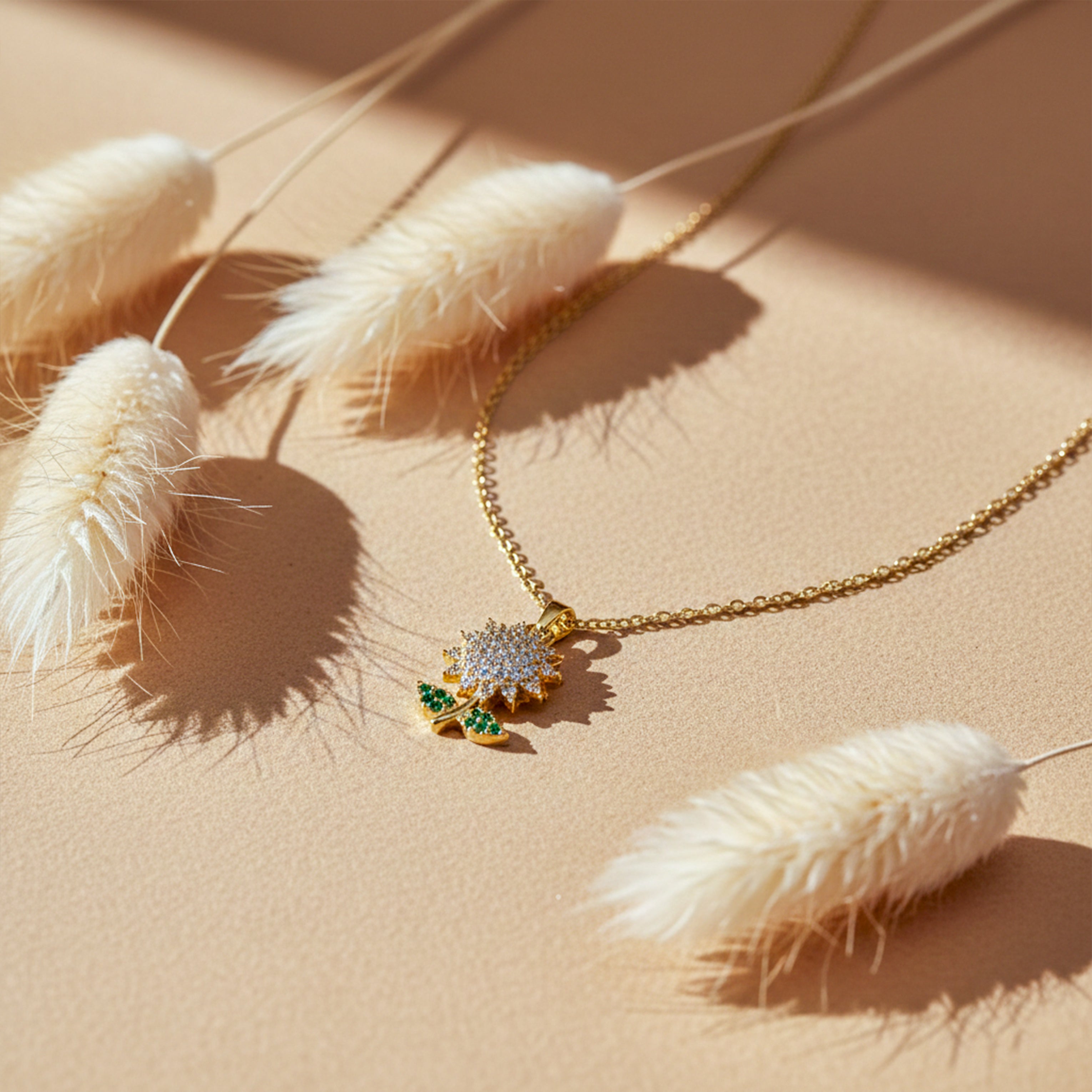 Women Necklace Olden Bloom Floral with Green Leaf Accents Gold jewellery - Finora Jewels