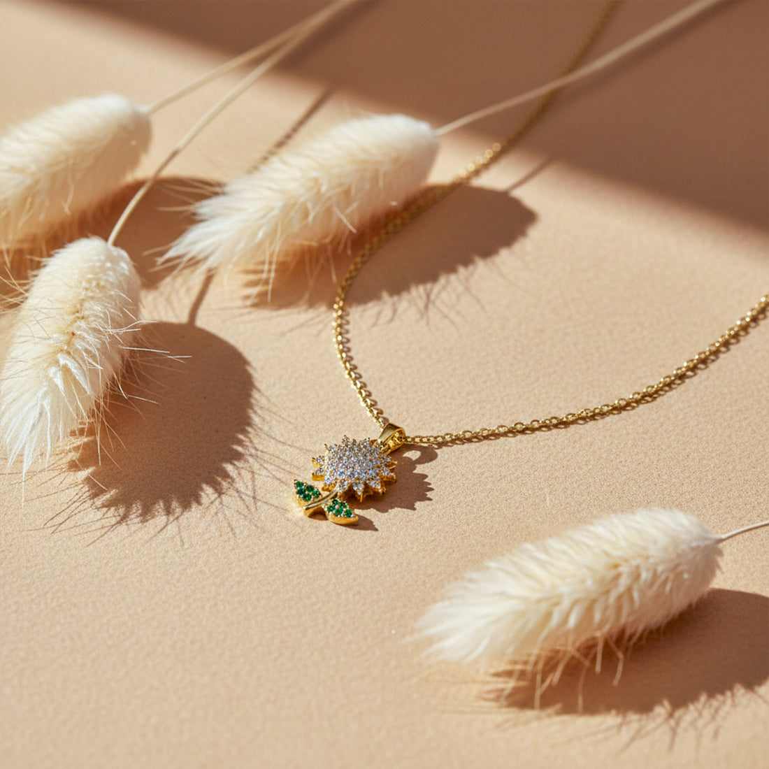 Women Necklace Olden Bloom Floral with Green Leaf Accents Gold jewellery - Finora Jewels
