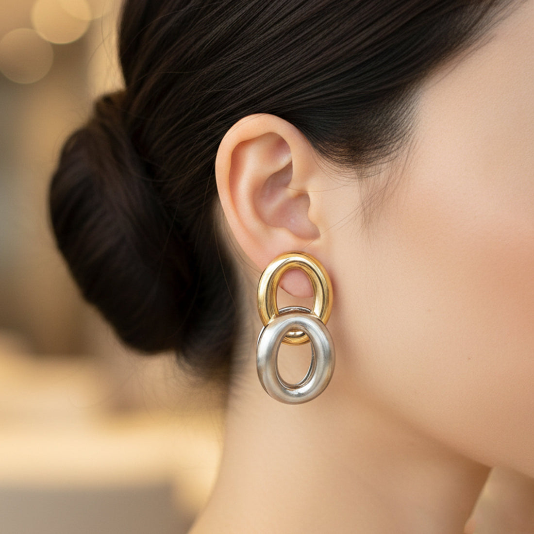 Dual Orbit Two-Tone Link Stud Stud Earrings for women in Silver - Finora Jewels