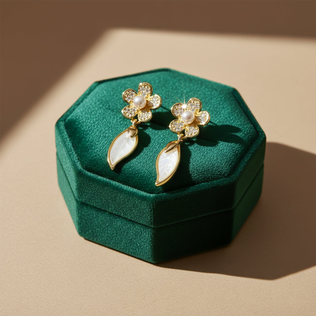 Women Stud Earrings Pearl Leaf Gold jewellery - Finora Jewels