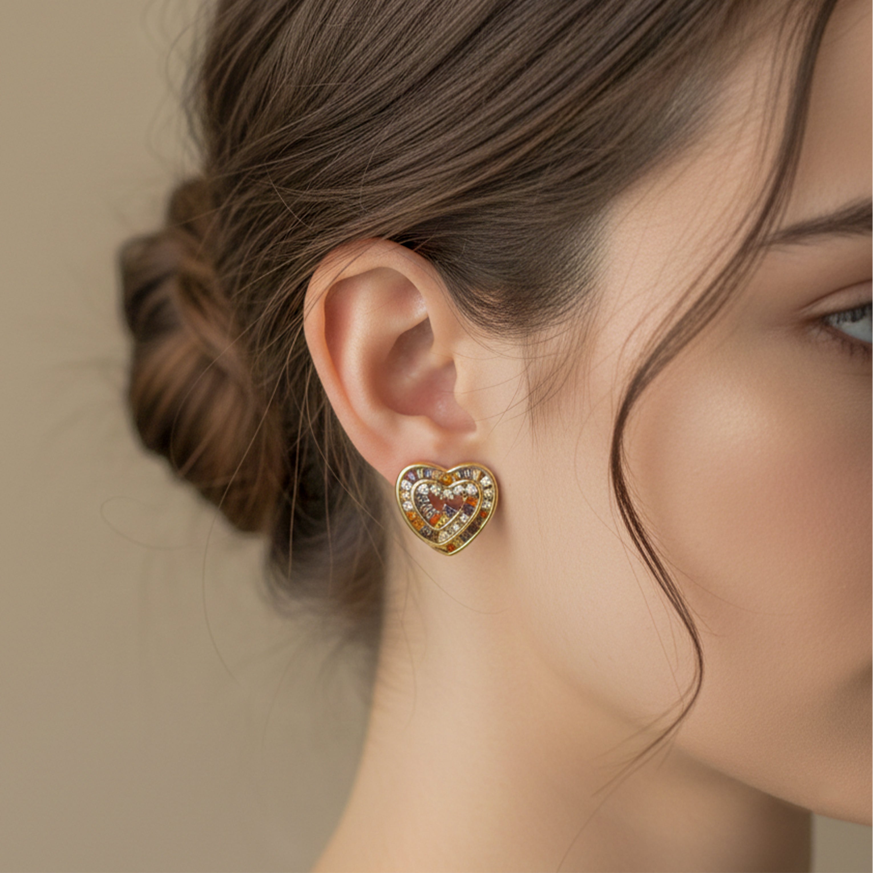 Multicolo Heart Stud Stud Earrings for women in Gold - Finora Jewels