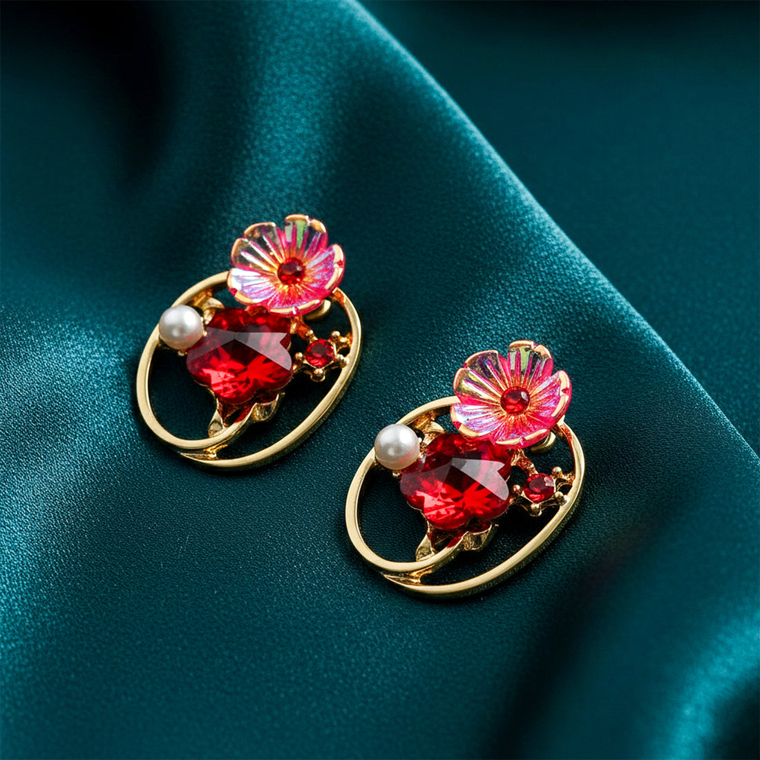 Gold Red Floral Crystal Stud Earrings for women - Finora Jewels