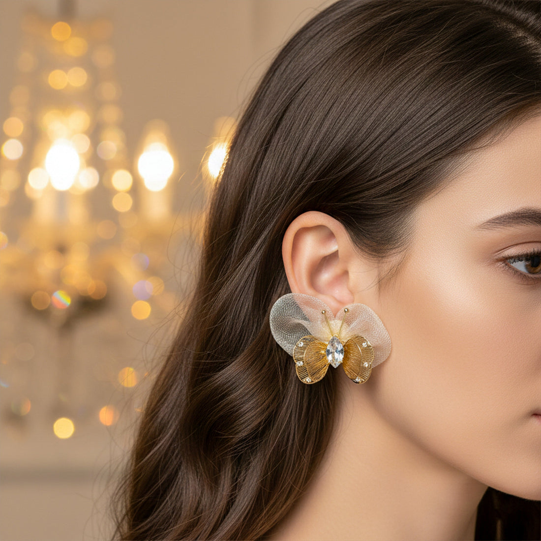 Butterfly Mesh Stud with Crystal Accent Stud Earrings for women in Gold - Finora Jewels