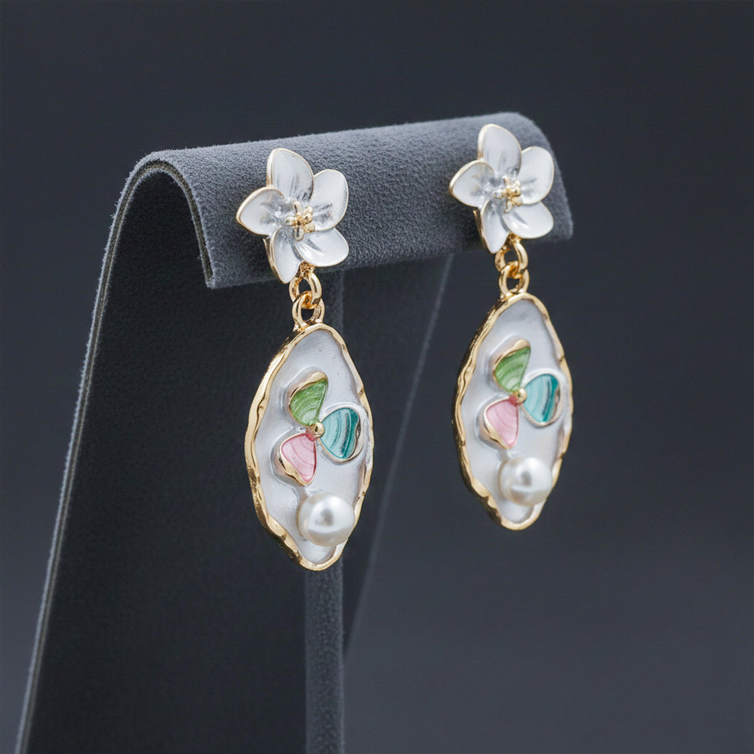 Silver Floral Pearl Stud Earrings for women - Finora Jewels