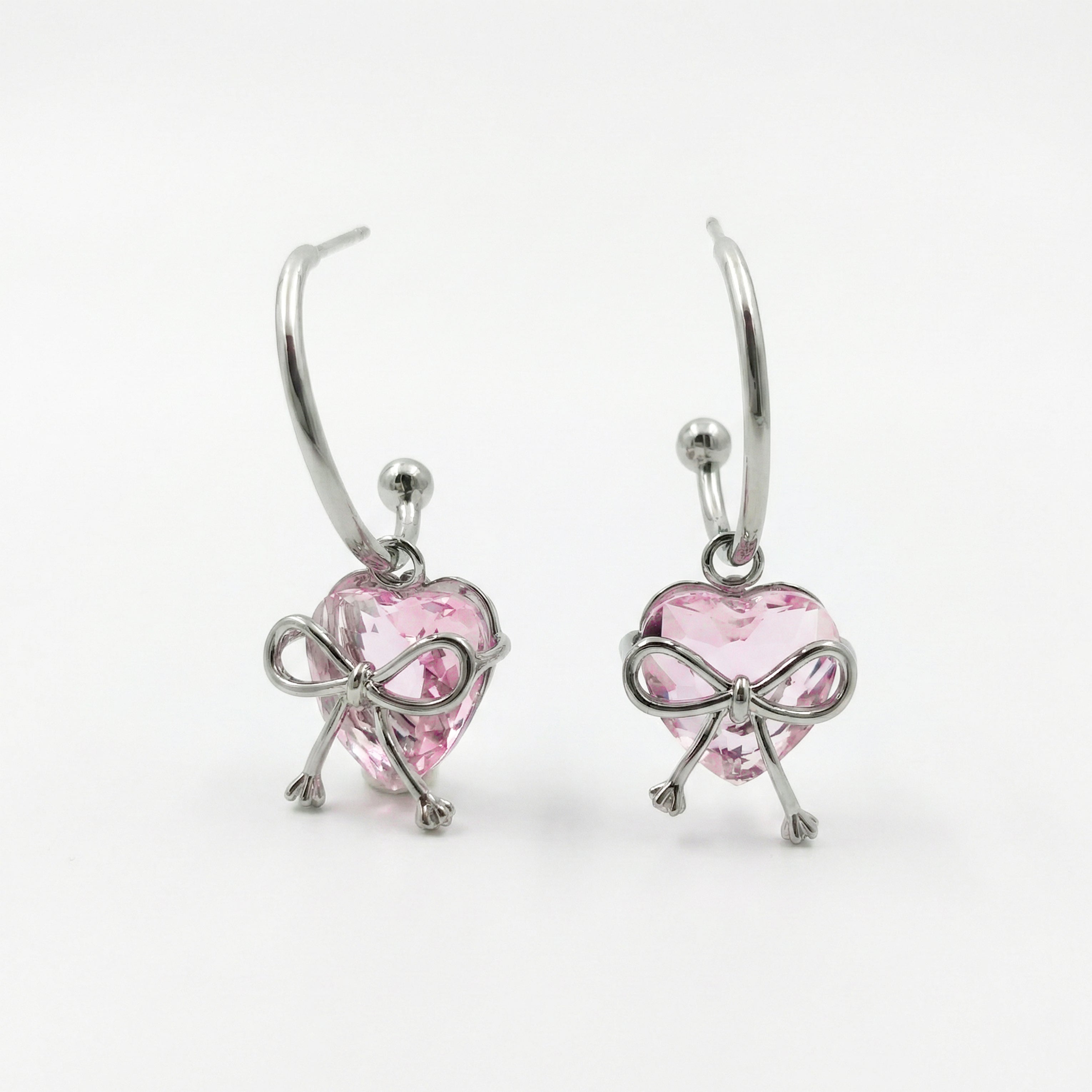 Women Hoop Earrings Pink Heart Bow Hoop Silver jewellery - Finora Jewels