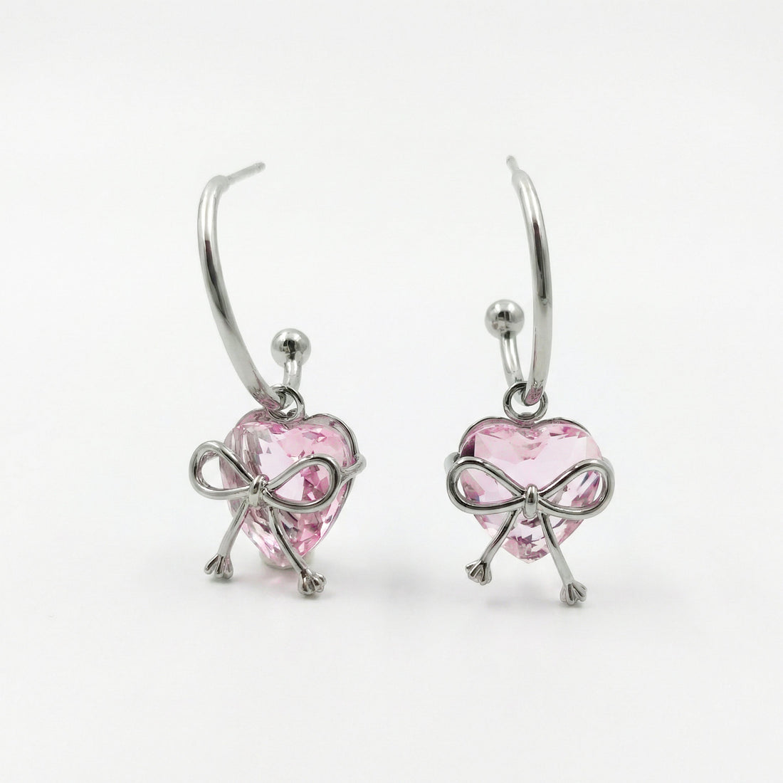 Women Hoop Earrings Pink Heart Bow Hoop Silver jewellery - Finora Jewels