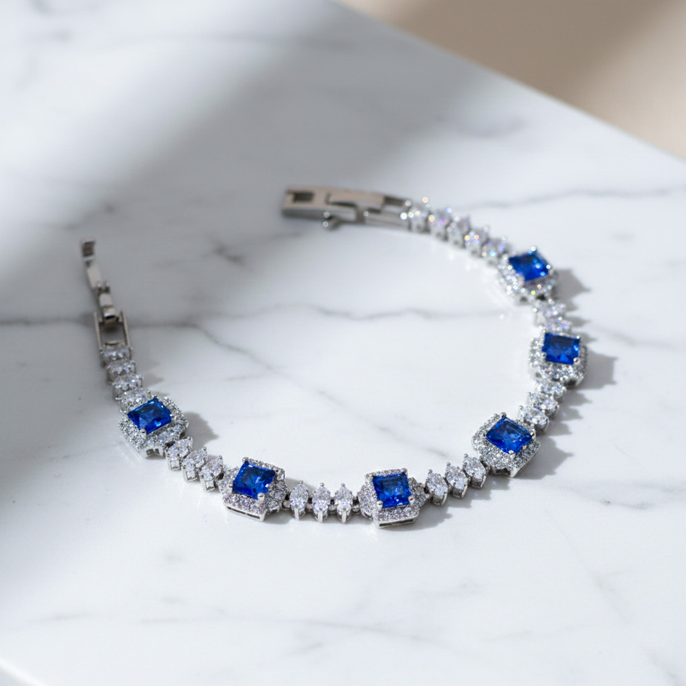 Women Bracelet Blue Princess Halo Tennis Silver jewellery - Finora Jewels