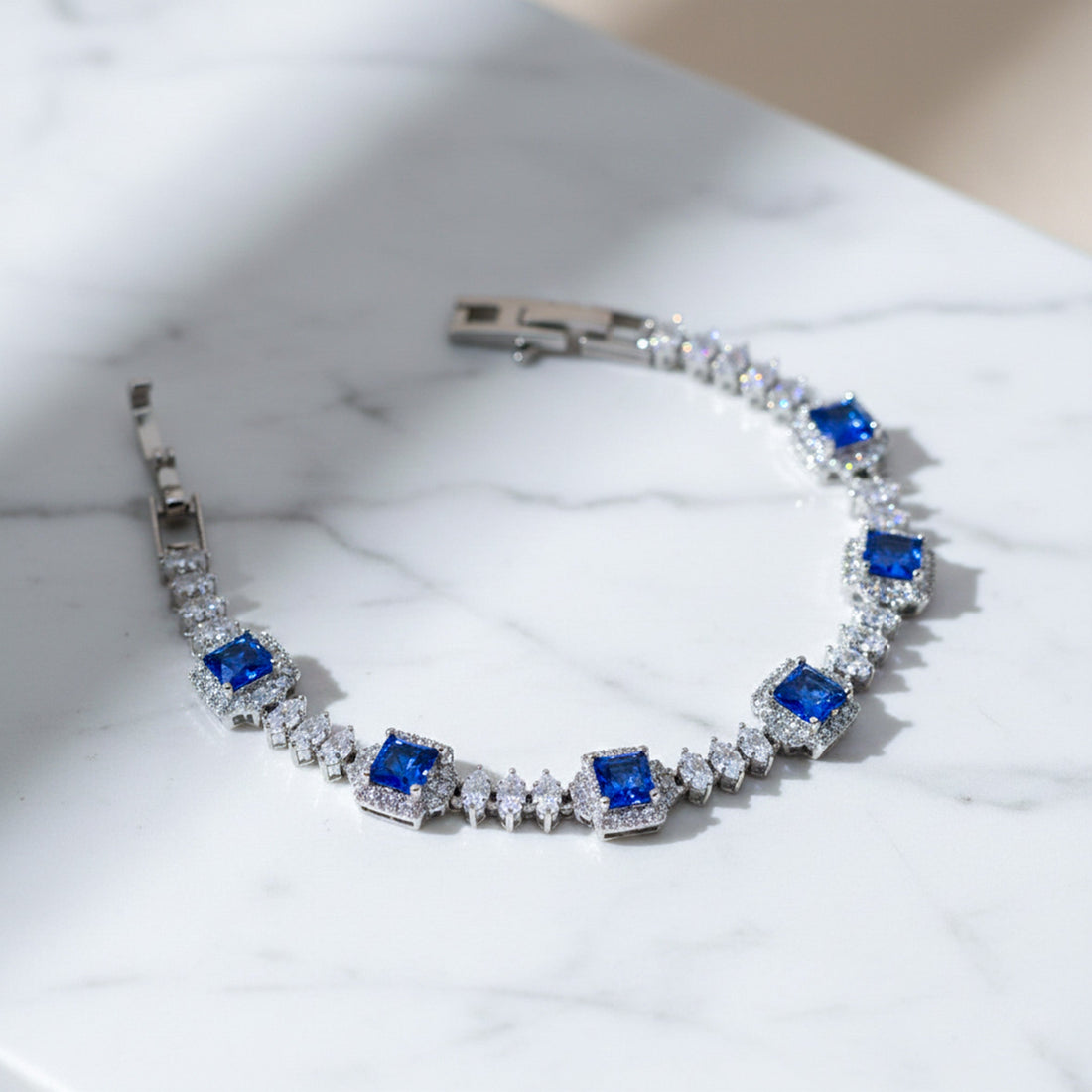 Women Bracelet Blue Princess Halo Tennis Silver jewellery - Finora Jewels
