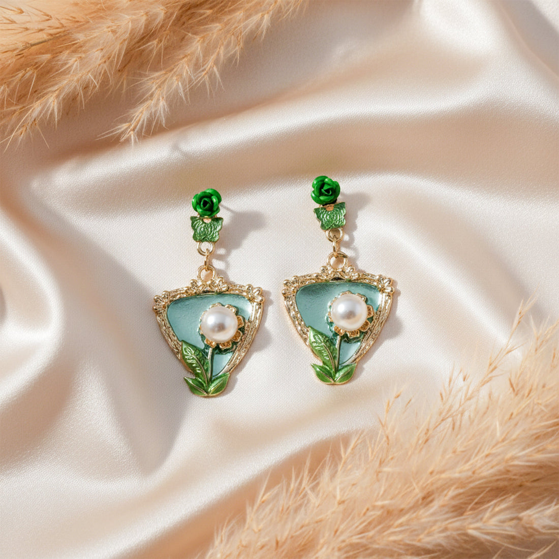 Verde Rosette Moti Dangle Ear Studs GWE -220
