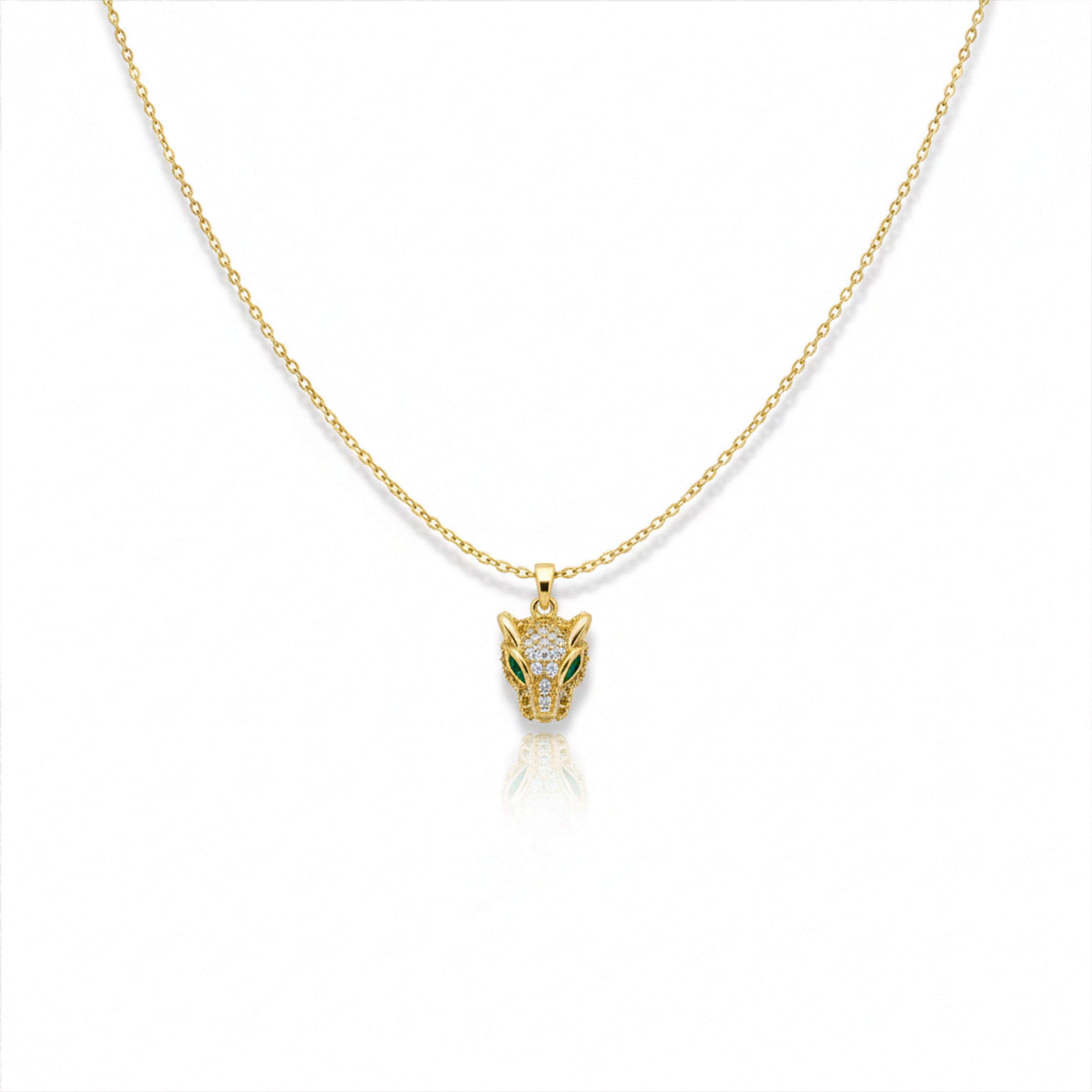 Gold Panther Head with Green Eyes Necklace for women - Finora Jewels