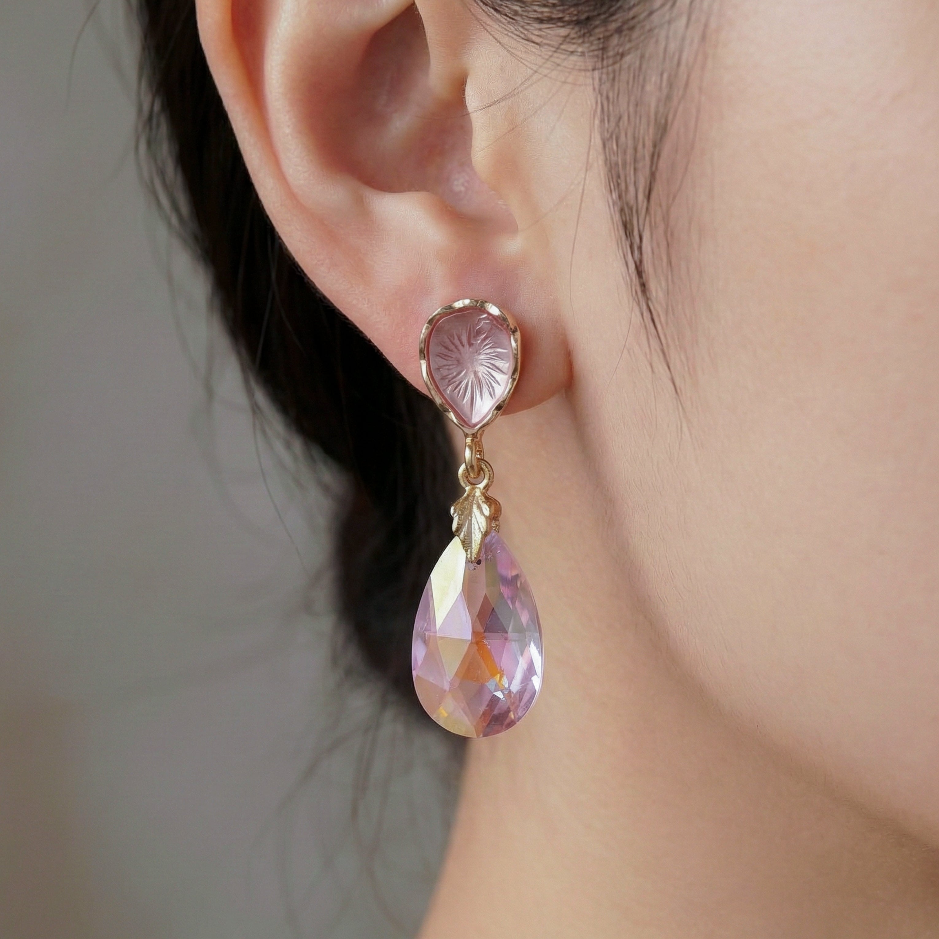 Gold Pink Crystal Drop Stud Earrings for women - Finora Jewels