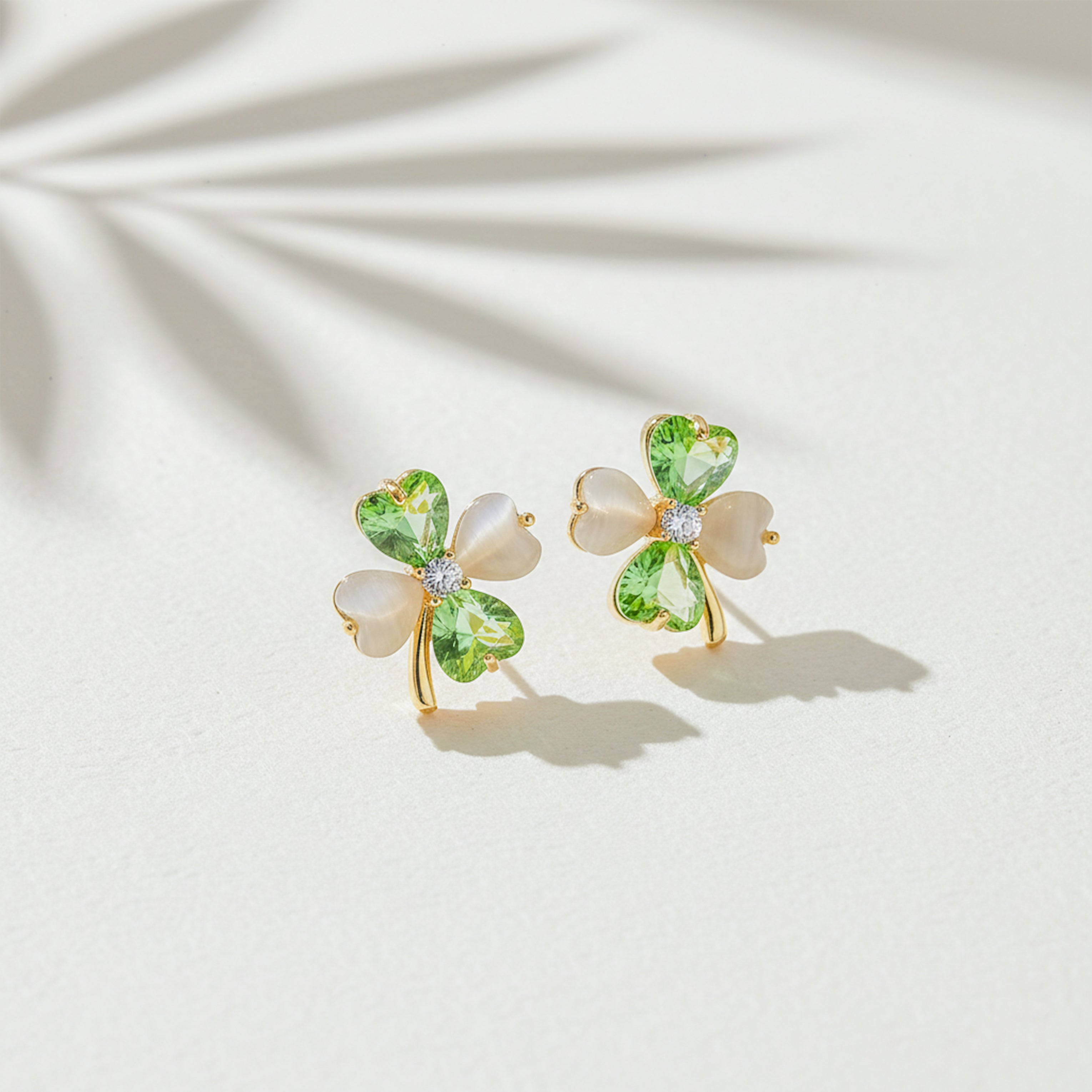 Jade Quatrefoil Cubic Zirconia Post Ear Studs GWE -112