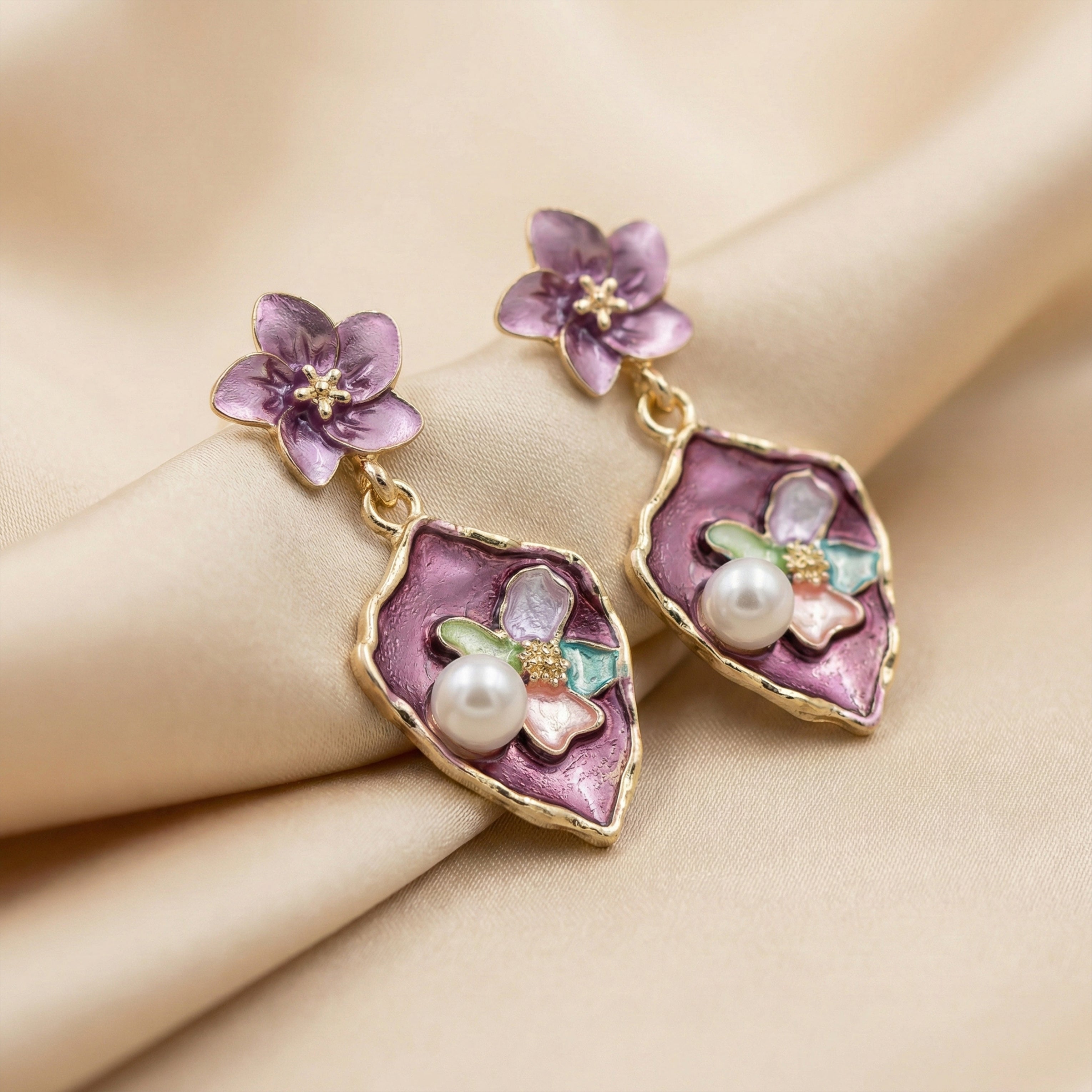 Gold Purple Floral Stud Earrings for women - Finora Jewels