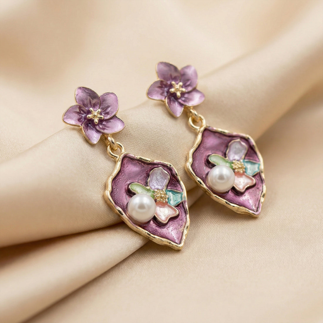 Gold Purple Floral Stud Earrings for women - Finora Jewels
