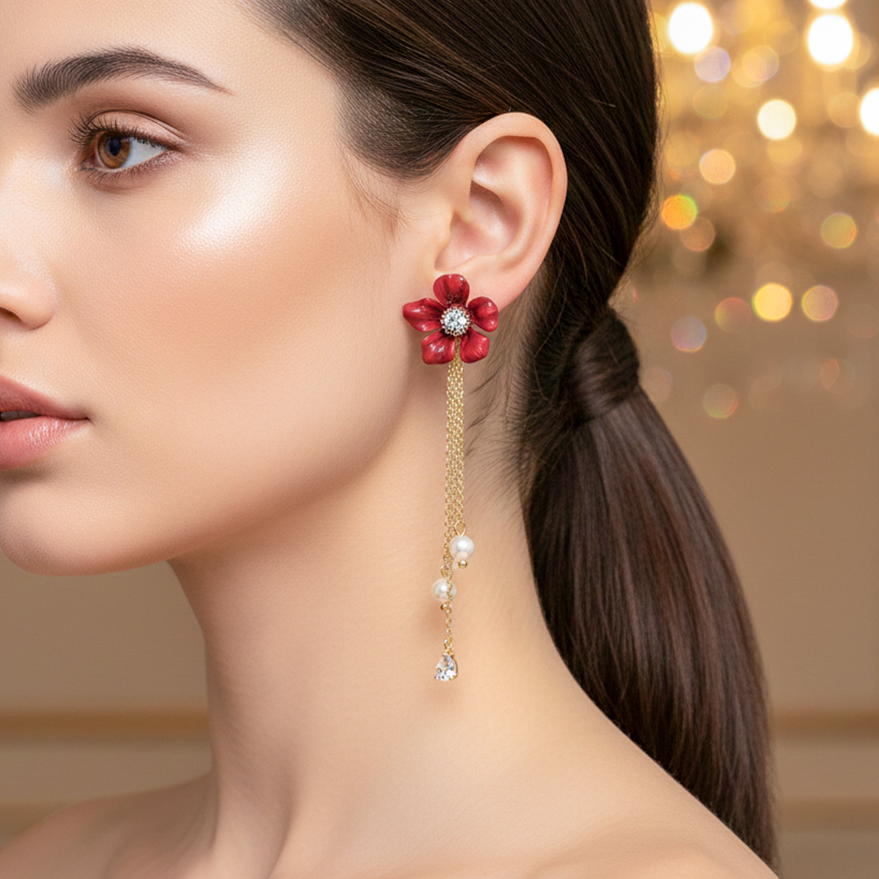 Crimson Foliage Moti Fringe Ear Studs GWE -119