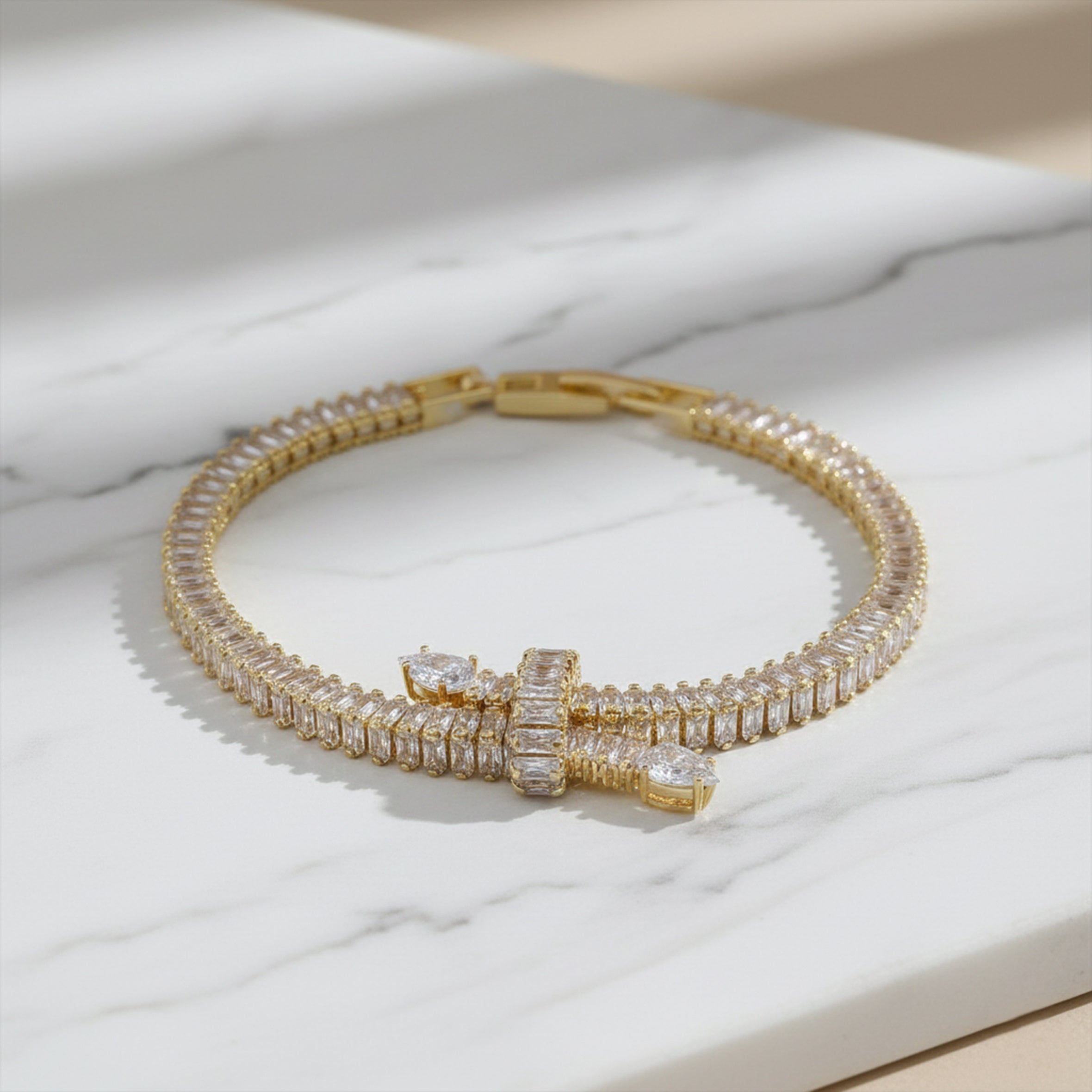 Gold Baguette Bow Tennis Bracelet for women - Finora Jewels