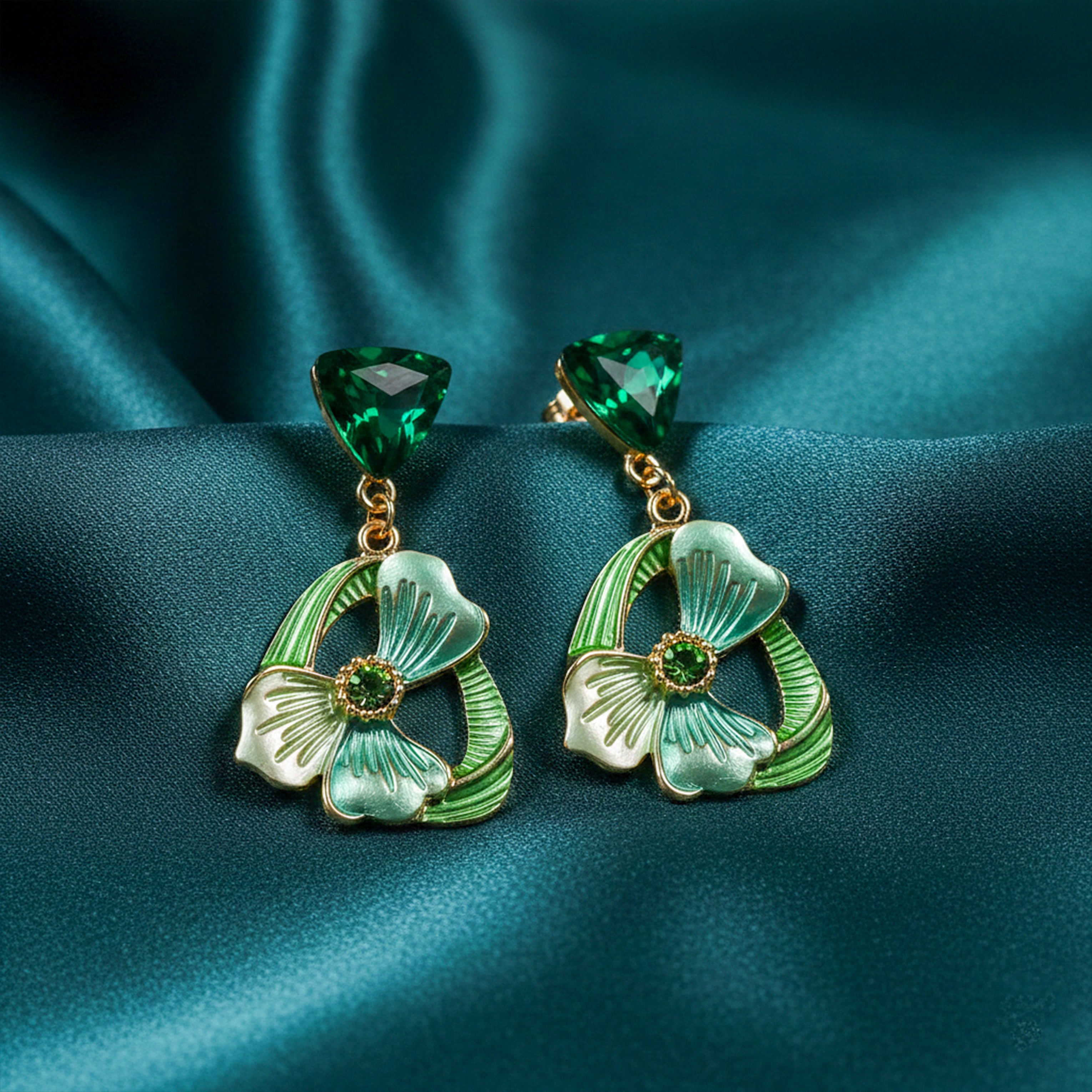Emerald Floral Drop Stud Earrings for women in Gold - Finora Jewels