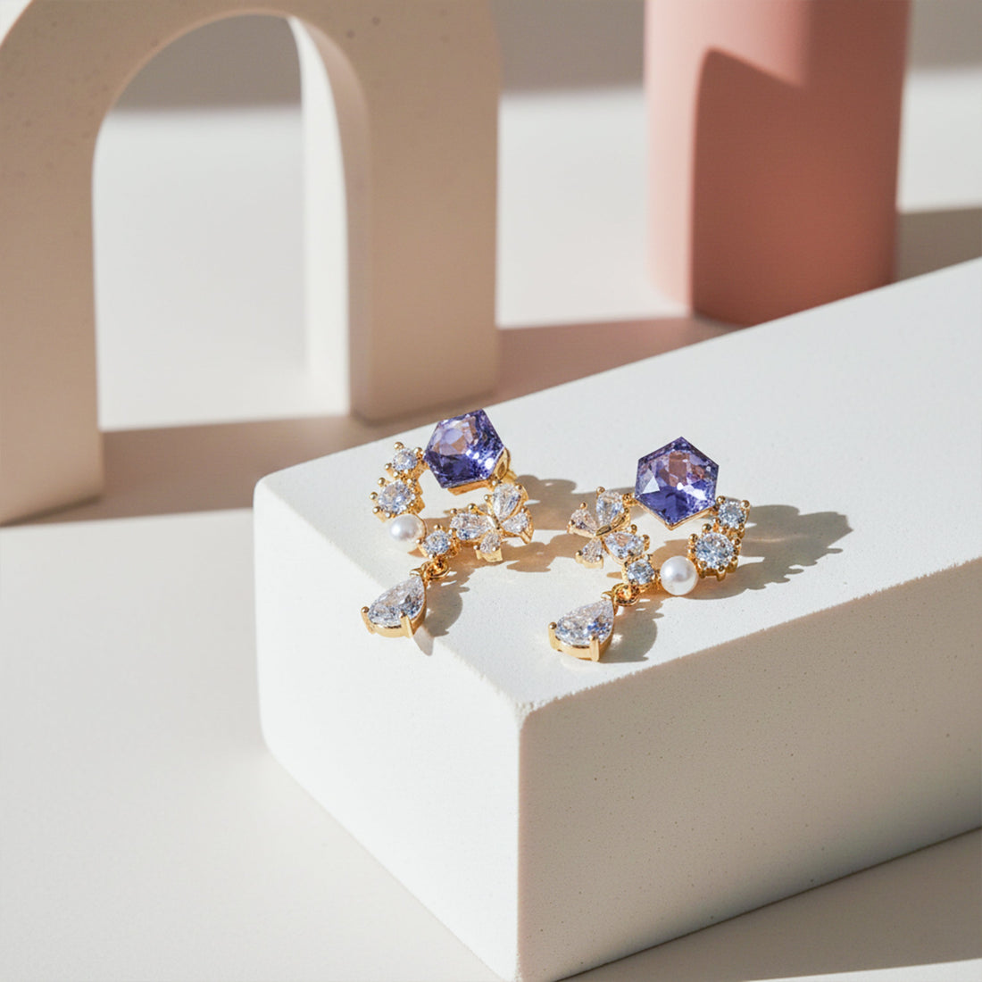 Assorted-Stone Bloom Gold Dangle Ear Studs GWE -168