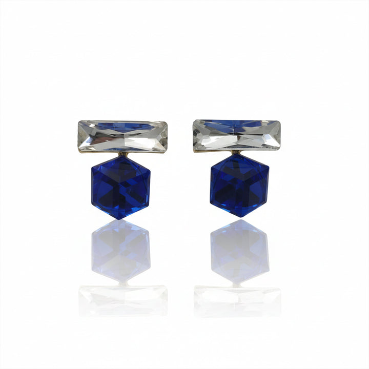Blue & Clear Cubic Zirconia Angular Dangle Ear Studs GWE -156
