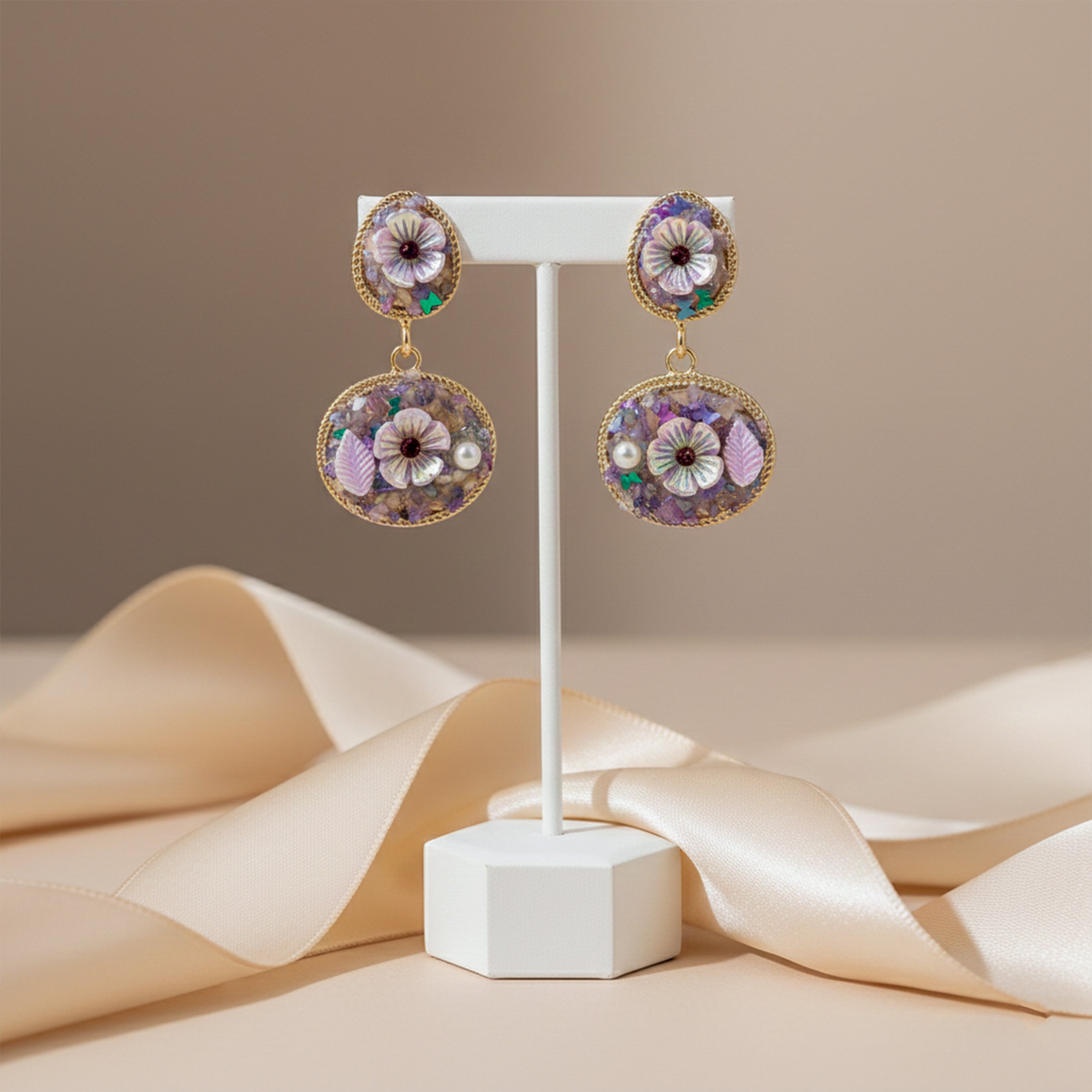 Women Stud Earrings Lavender Floral Stone Drop Gold jewellery - Finora Jewels