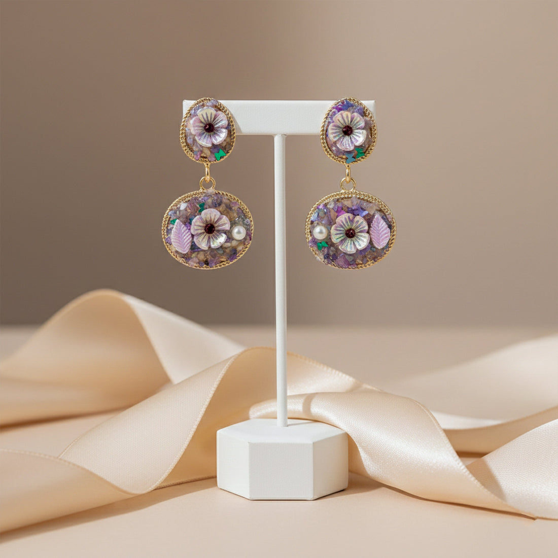 Women Stud Earrings Lavender Floral Stone Drop Gold jewellery - Finora Jewels