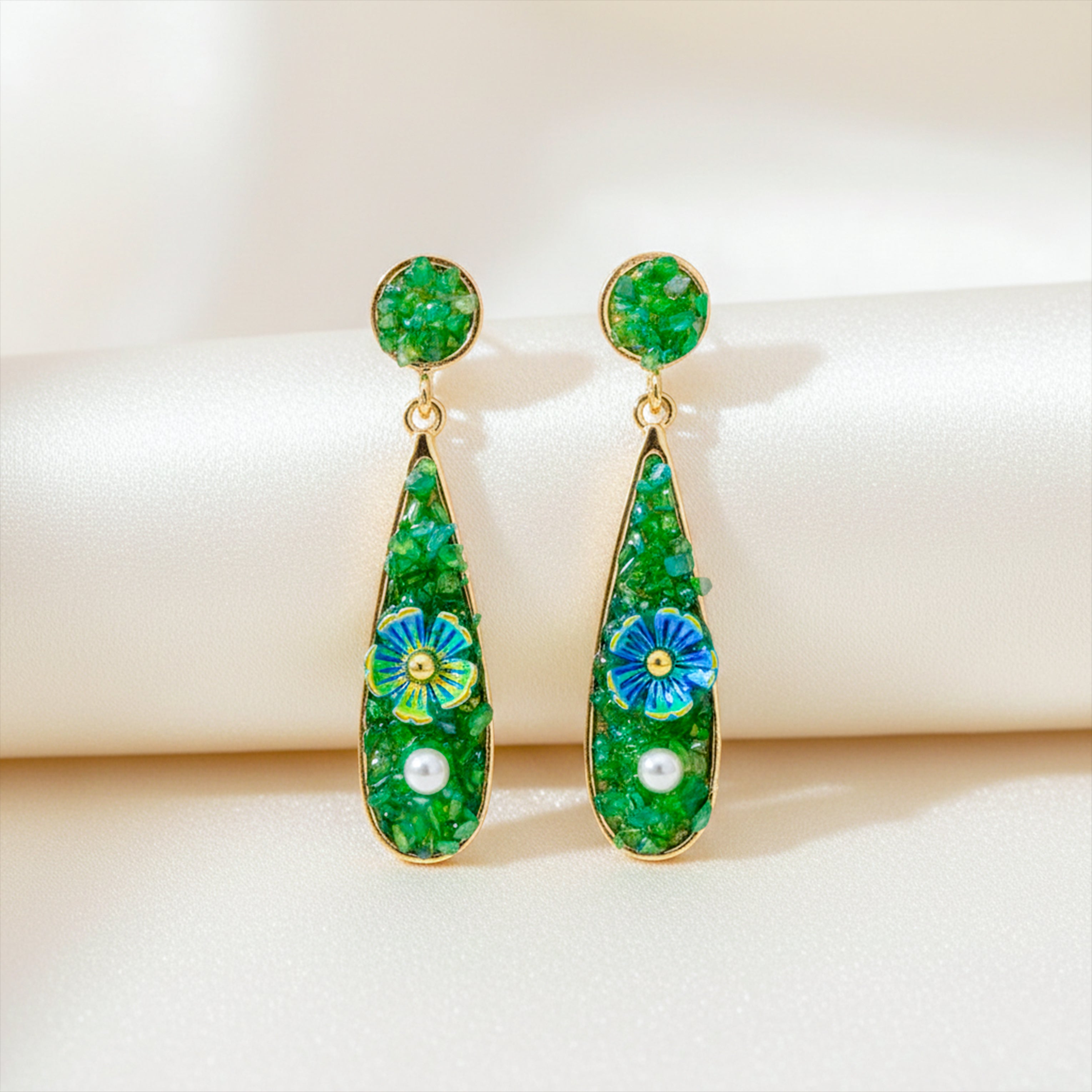 Women Drop Earrings Green Stone Floral Gold jewellery - Finora Jewels