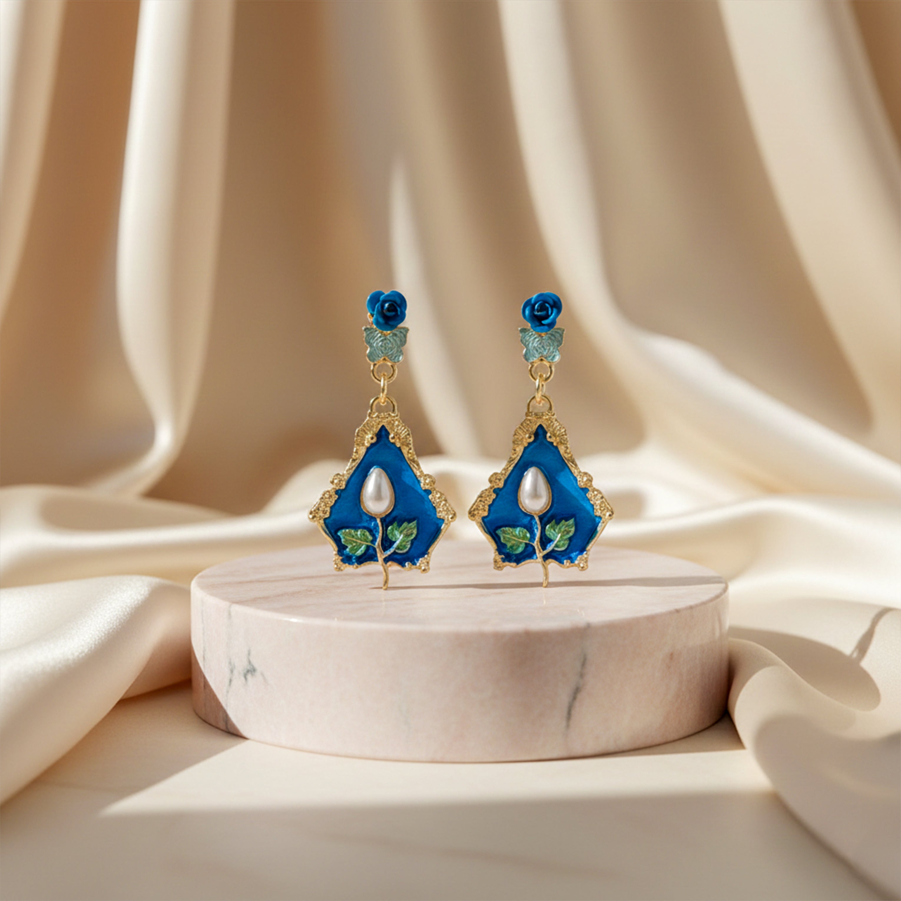 Women Drop Earrings Royal Blue Floral Gold jewellery - Finora Jewels