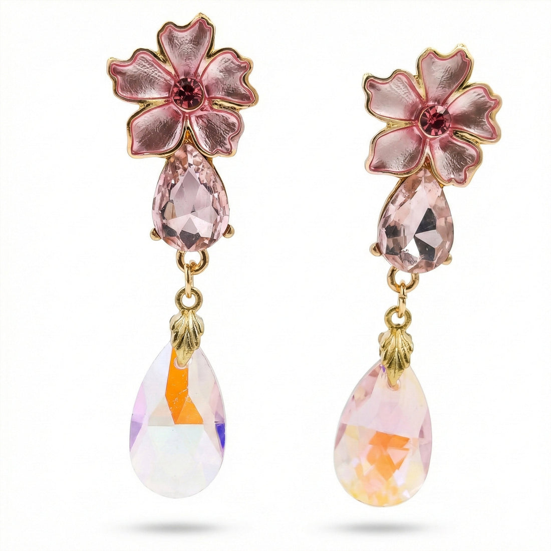 Gold Pink Floral Crystal Drop Stud Earrings for women - Finora Jewels