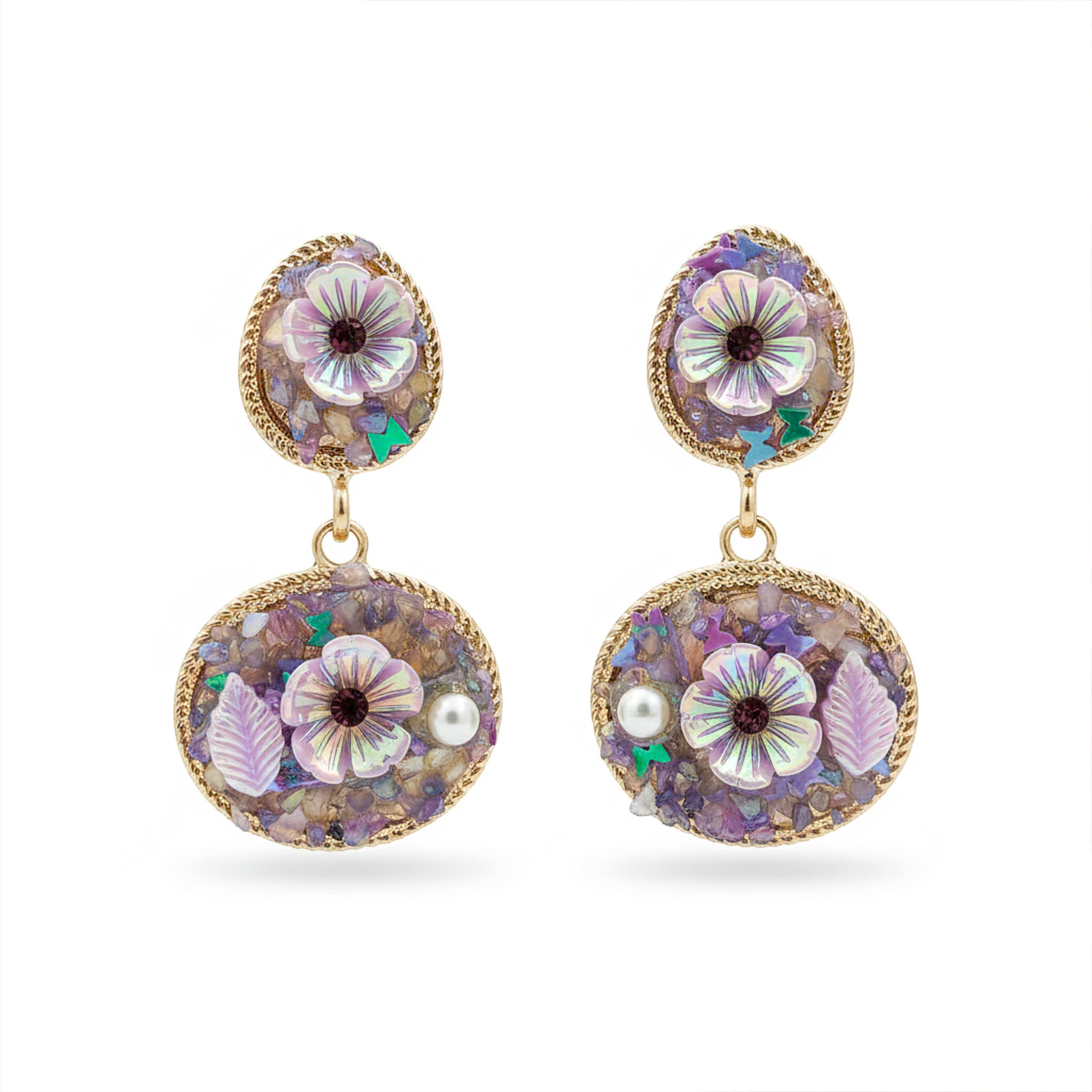 Women Stud Earrings Lavender Floral Stone Drop Gold jewellery - Finora Jewels