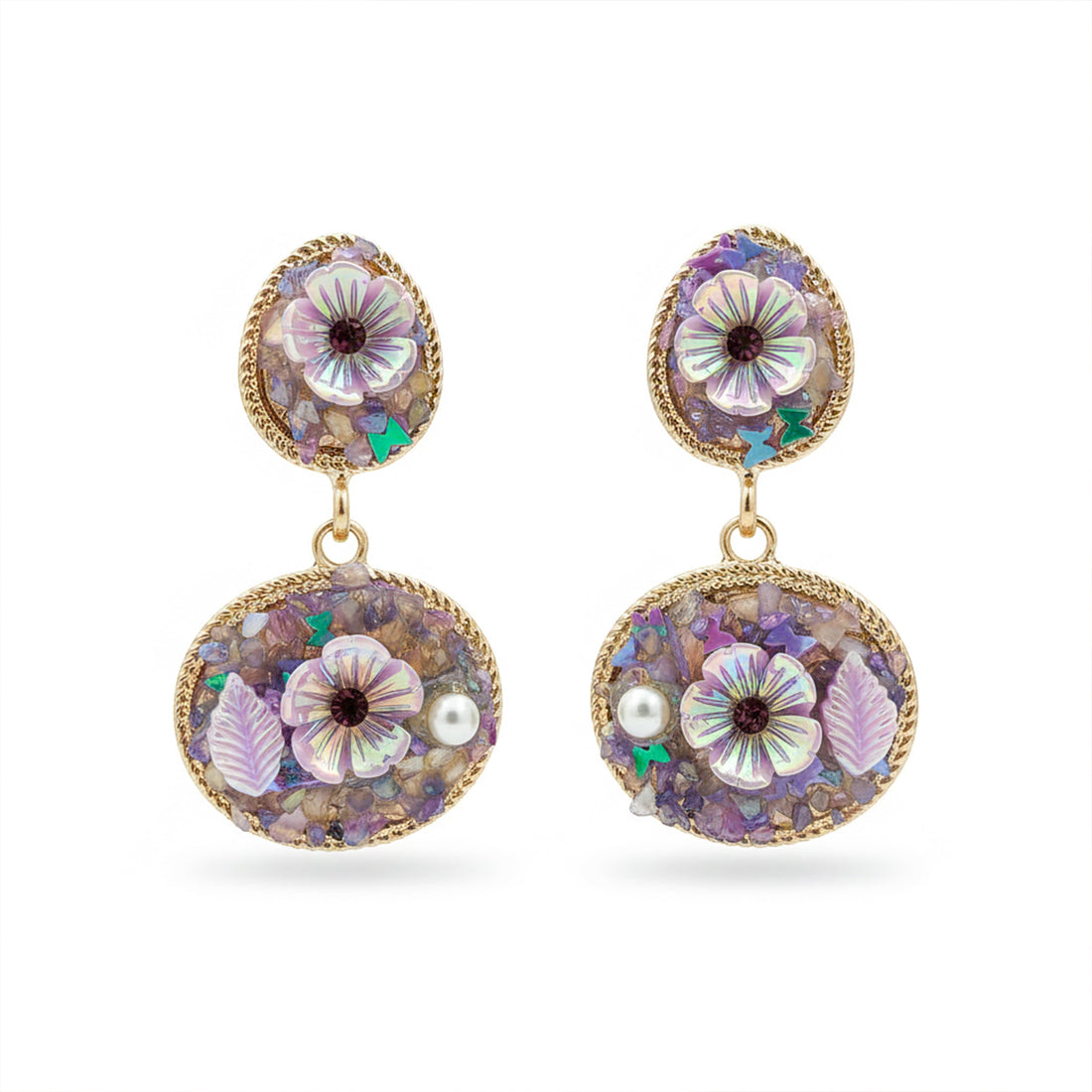 Women Stud Earrings Lavender Floral Stone Drop Gold jewellery - Finora Jewels