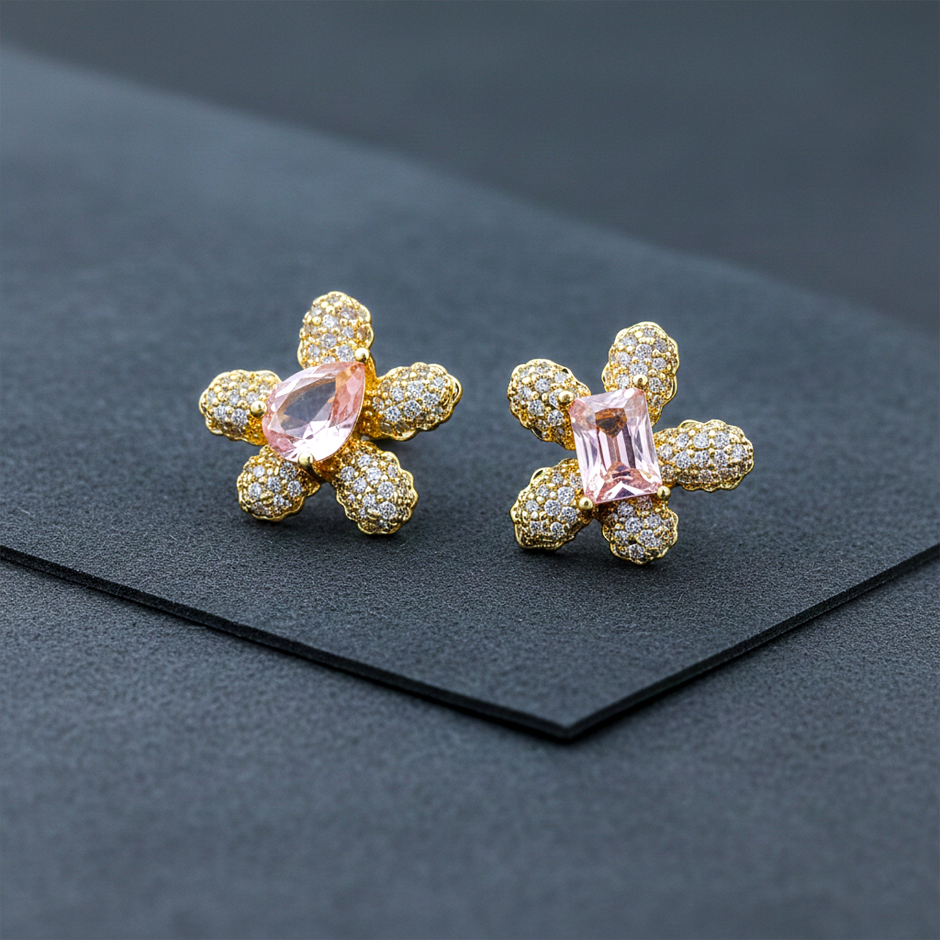 Floral Pink Crystal Stud Stud Earrings for women in Gold - Finora Jewels