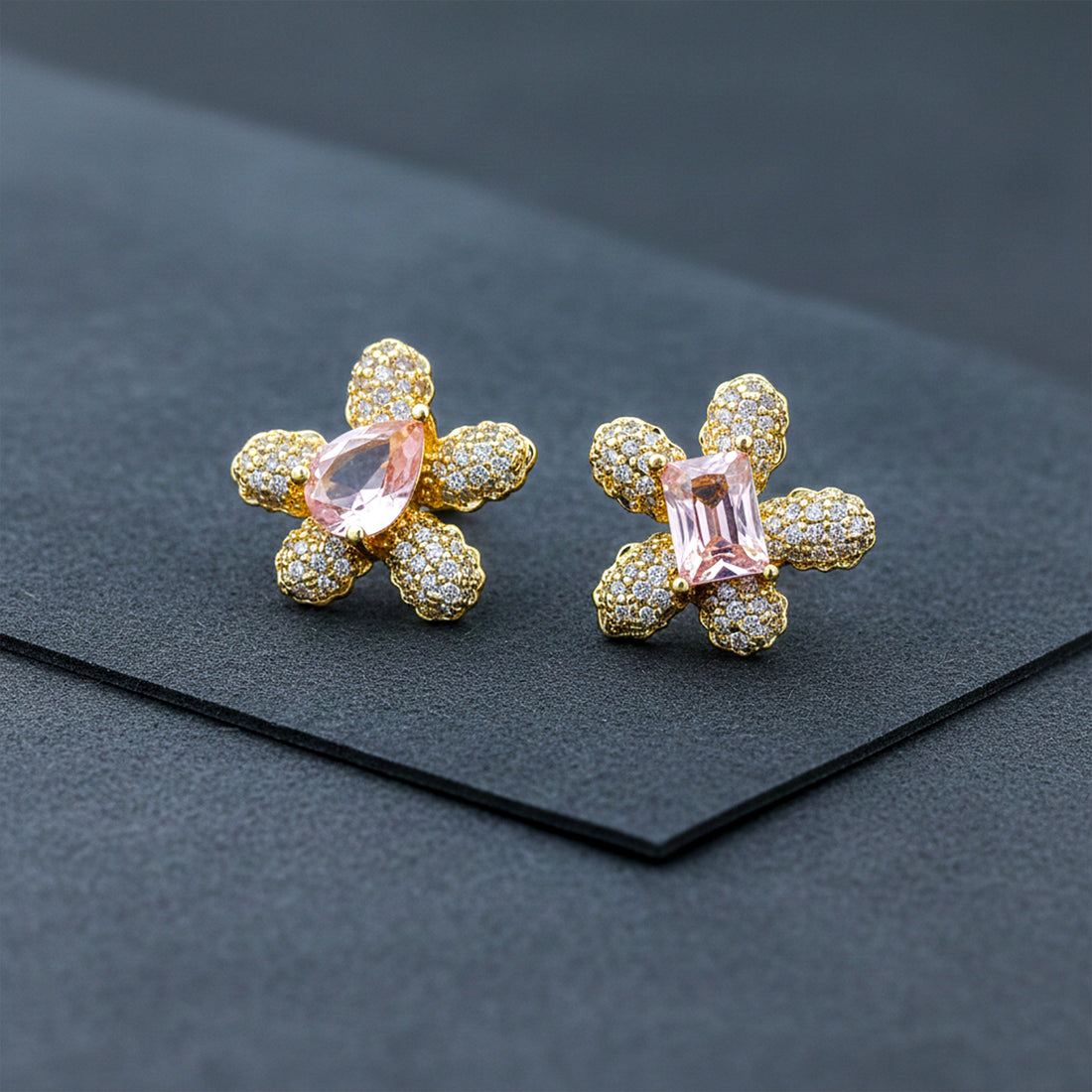 Floral Pink Crystal Stud Stud Earrings for women in Gold - Finora Jewels