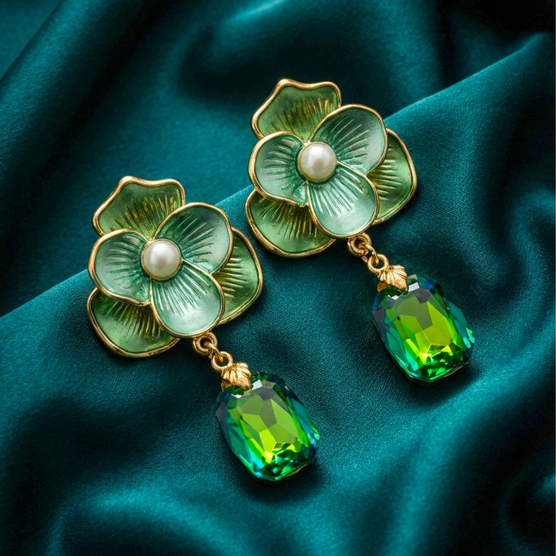 Women Drop Earrings Green Floral GWE -231 No Reviews Gold jewellery - Finora Jewels