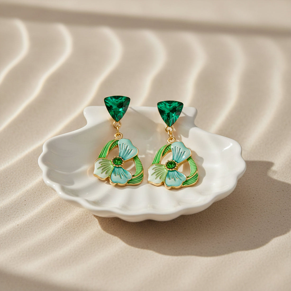 Emerald Floral Drop Stud Earrings for women in Gold - Finora Jewels
