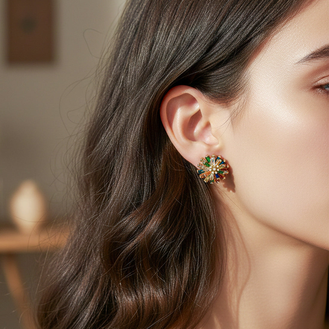 Gold Multicolor Crystal Floral Stud Stud Earrings for women - Finora Jewels